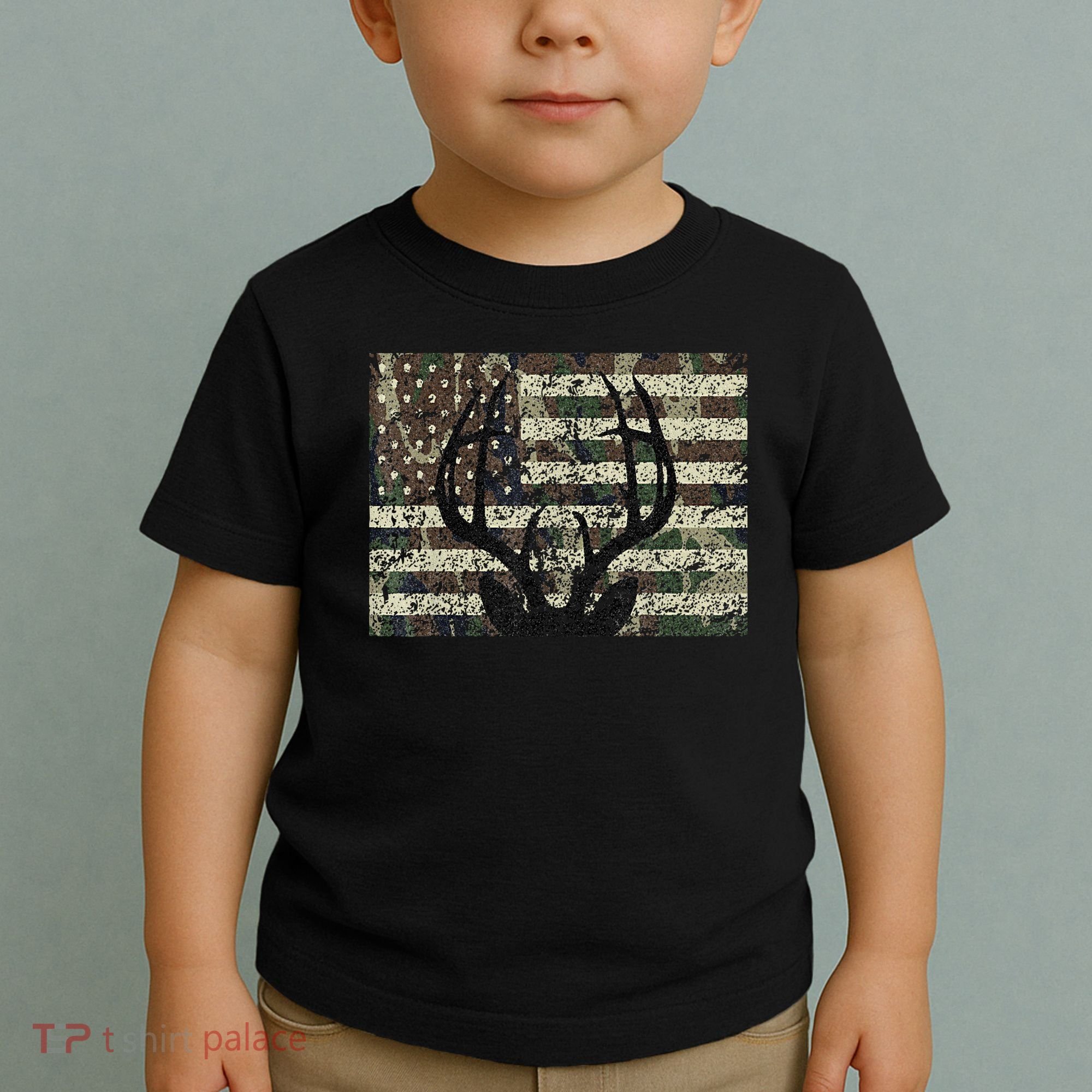 Deer Hunting Camo American Flag Buck Antlers Hunter Country Toddler T-Shirt