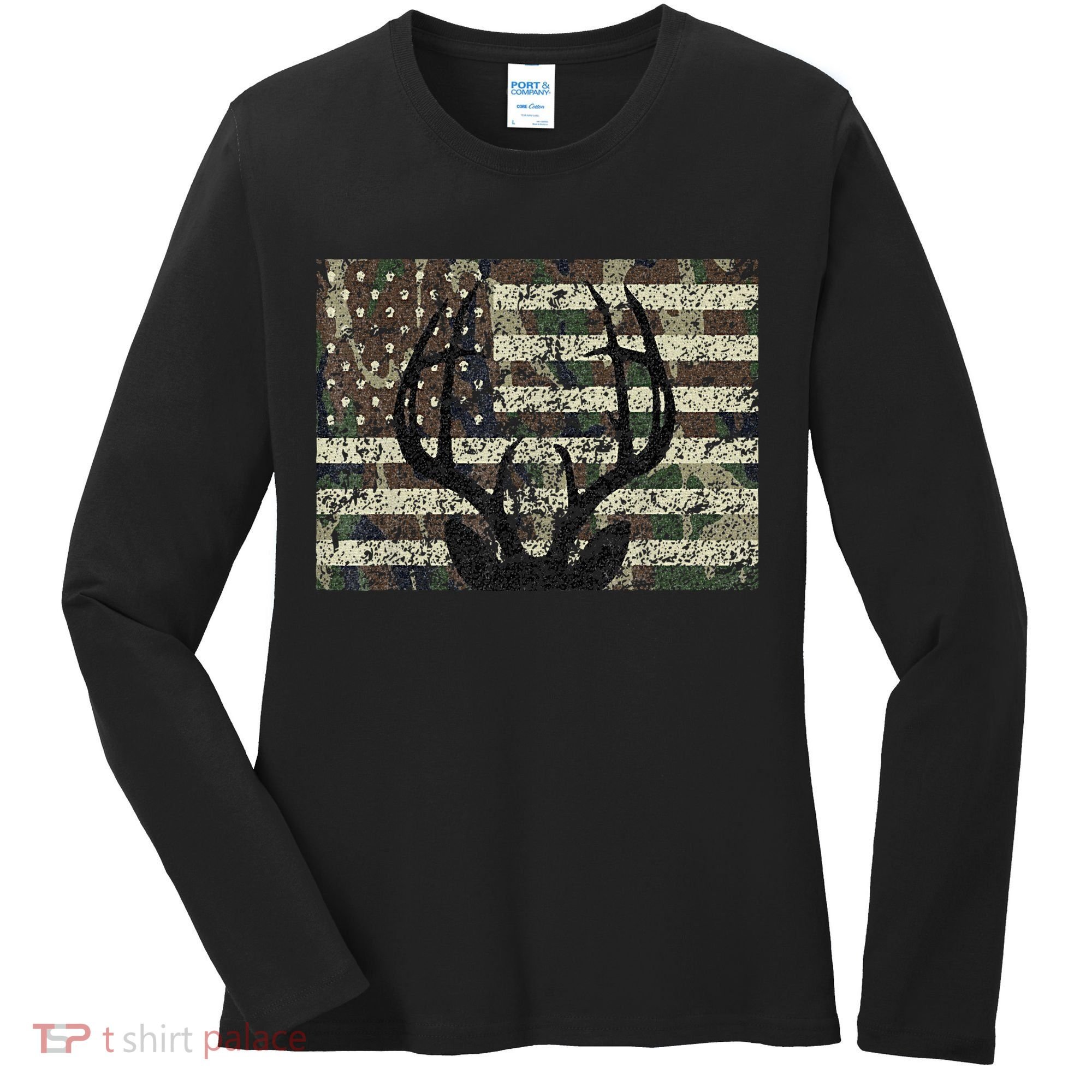 Deer Hunting Camo American Flag Buck Antlers Hunter Country Women's Long Sleeve Shirt