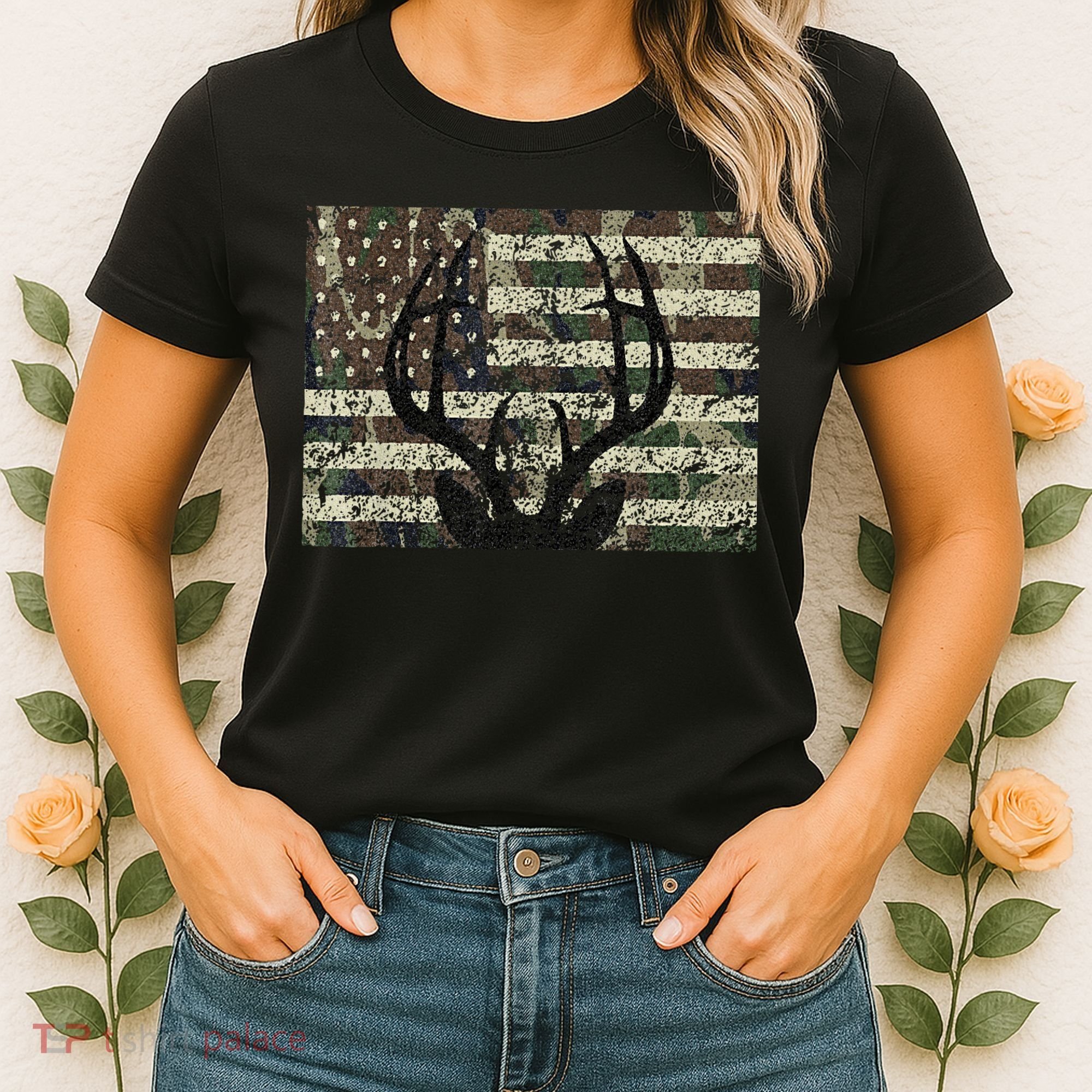 Deer Hunting Camo American Flag Buck Antlers Hunter Country Women's T-Shirt
