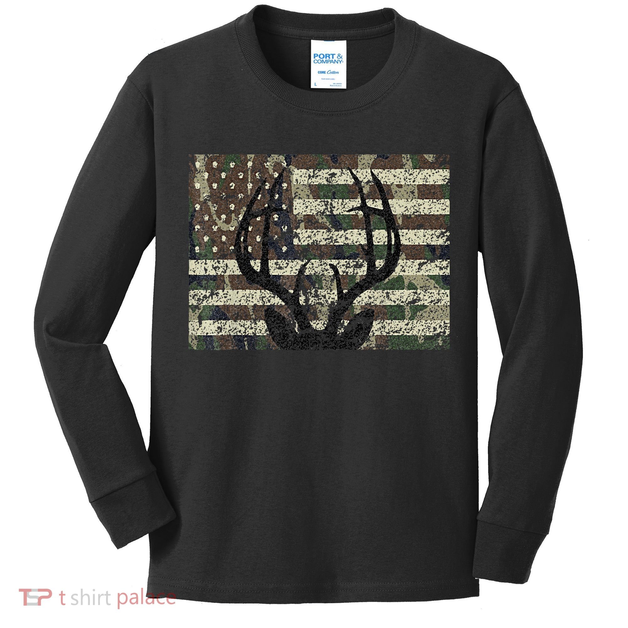 Deer Hunting Camo American Flag Buck Antlers Hunter Country Kids Long Sleeve Shirt