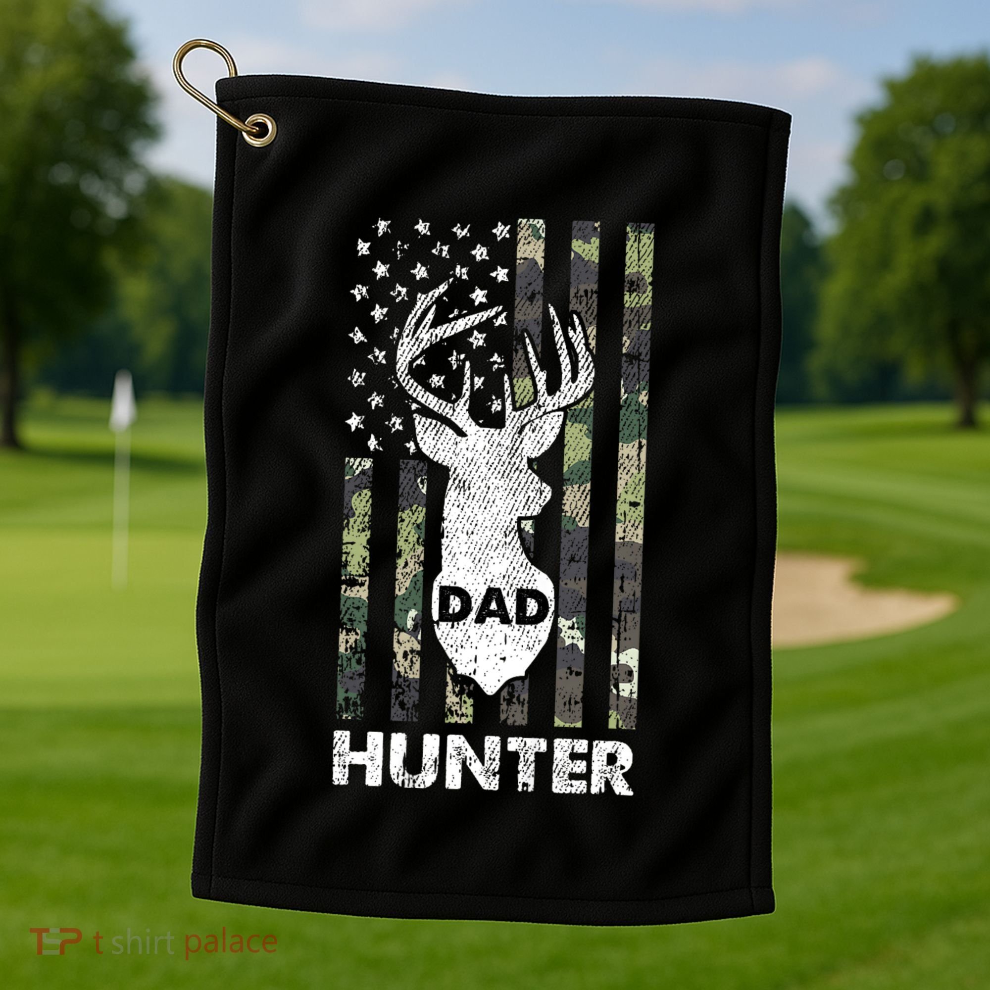 Deer Hunter Dad Cool Hunting American Flag Camo Stripes Papa Golf Towel