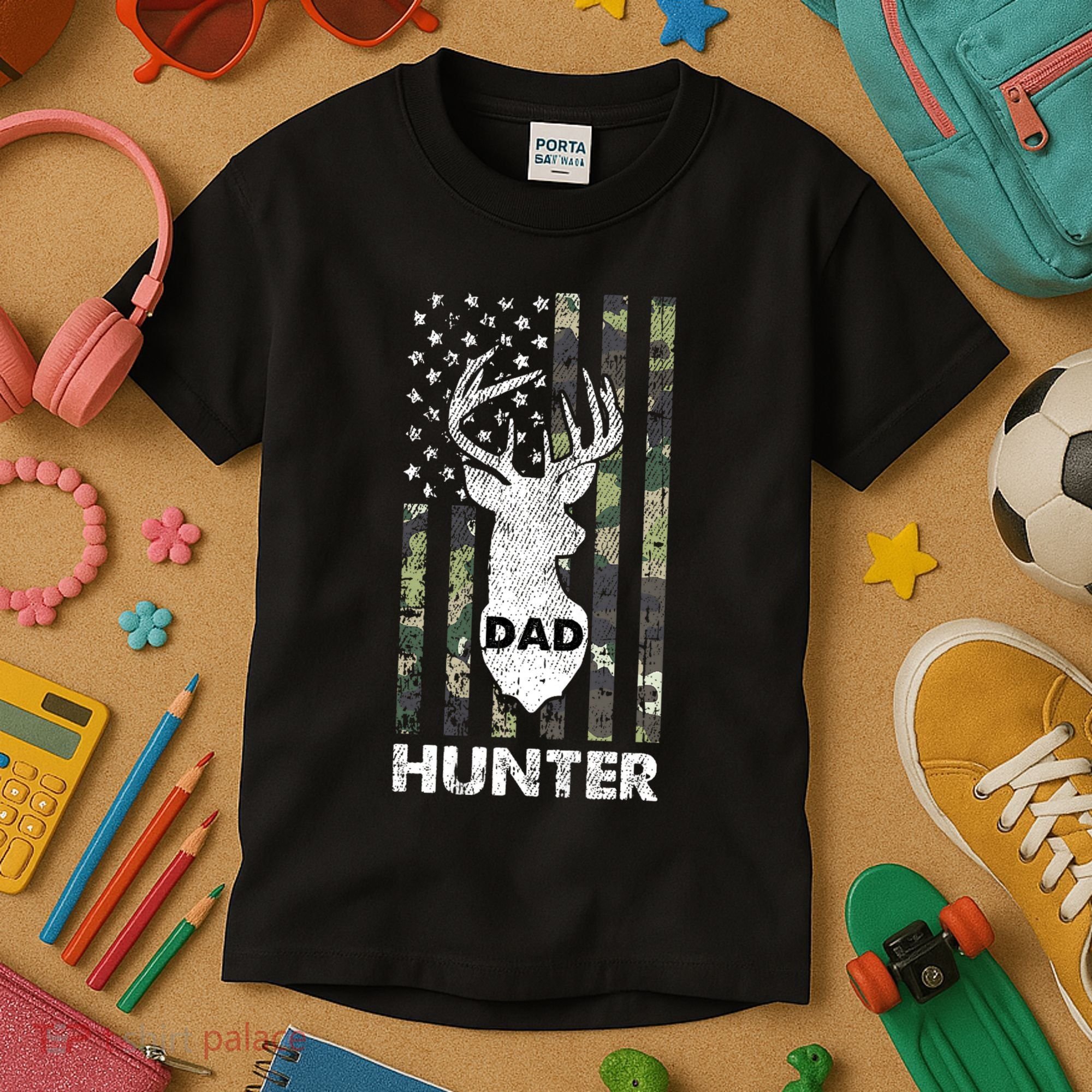 Deer Hunter Dad Cool Hunting American Flag Camo Stripes Papa Kids T-Shirt