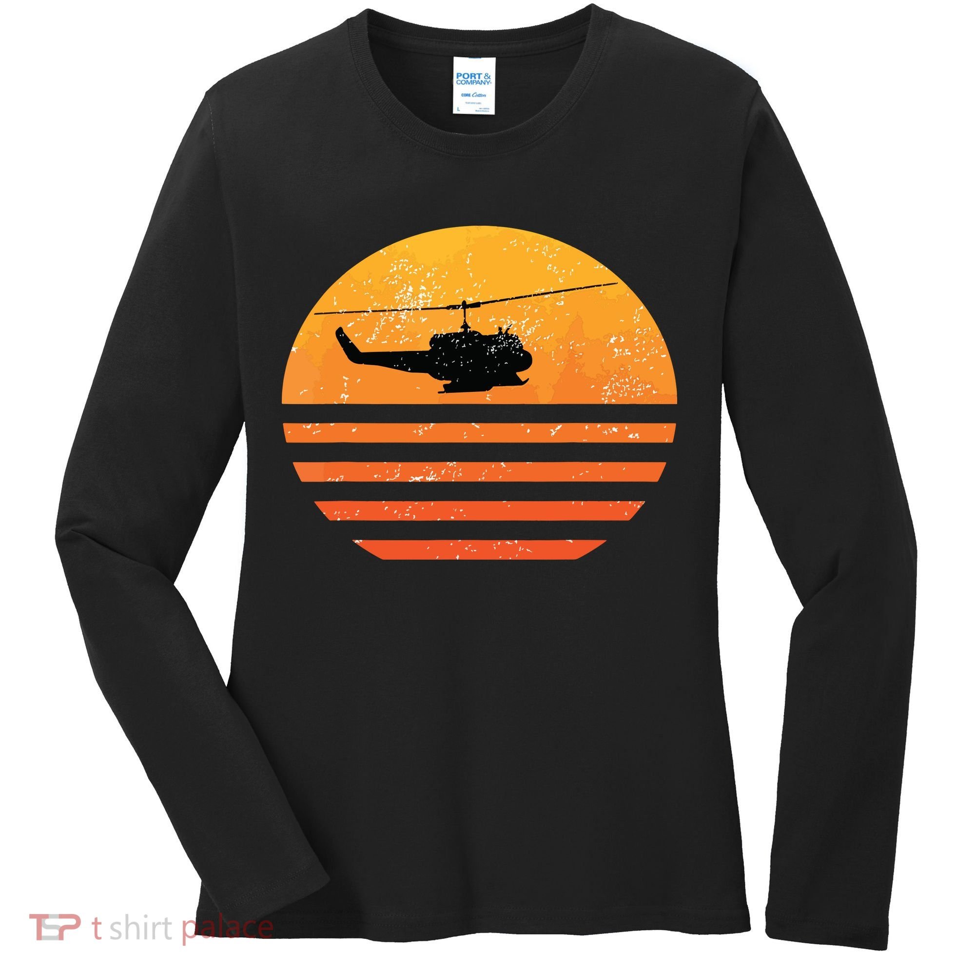 Distressed Huey Helicopter Uh1 Vietnam War Veteran Women's Long Sleeve Shirt