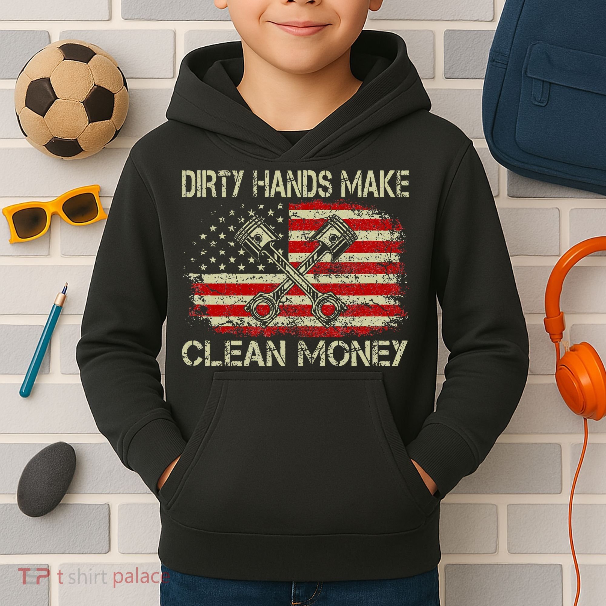 Dirty Hands Make Clean Money Funny Repair Mechanic Kids Hoodie