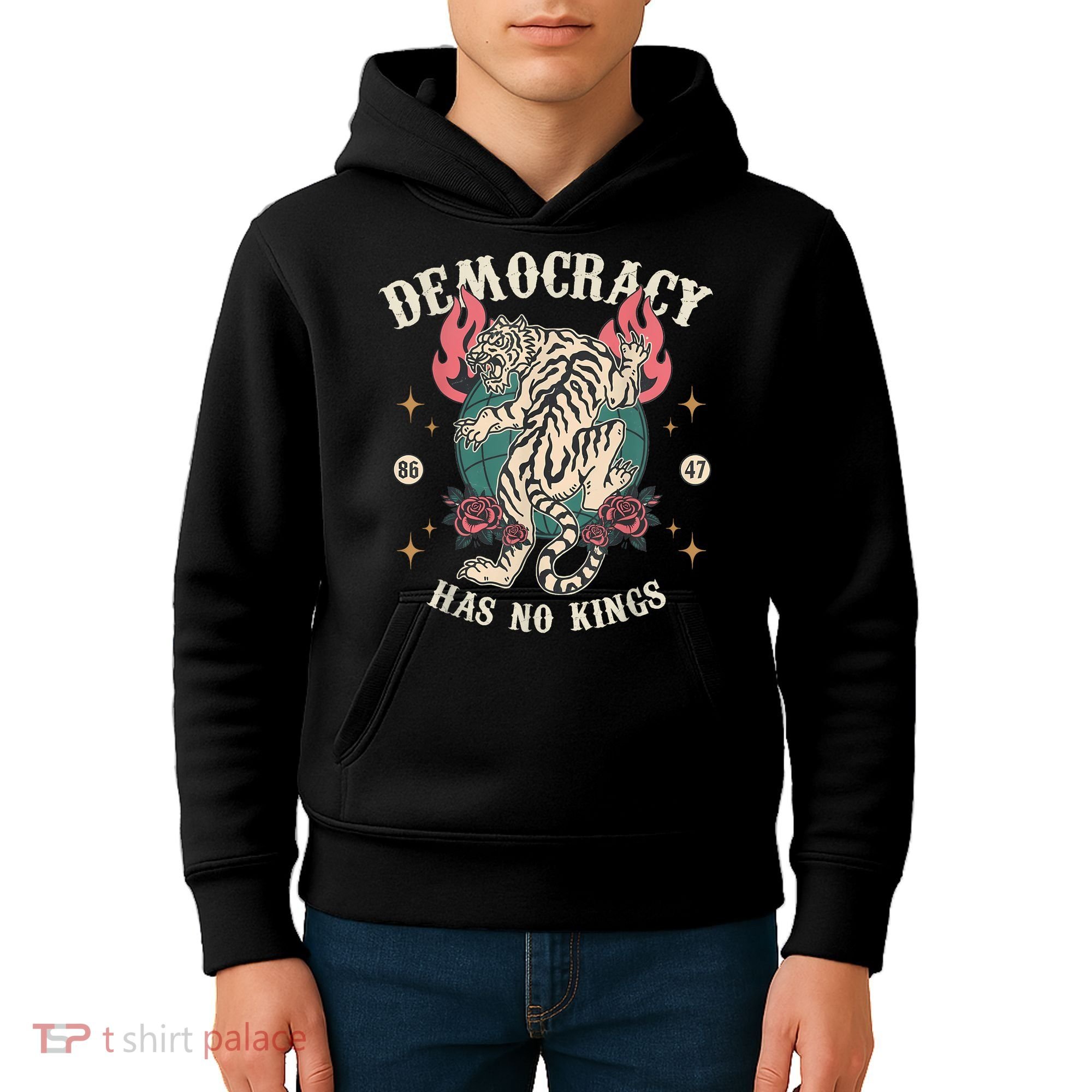 Democracy Has No Kings 86 47 Tiger Kids Hoodie