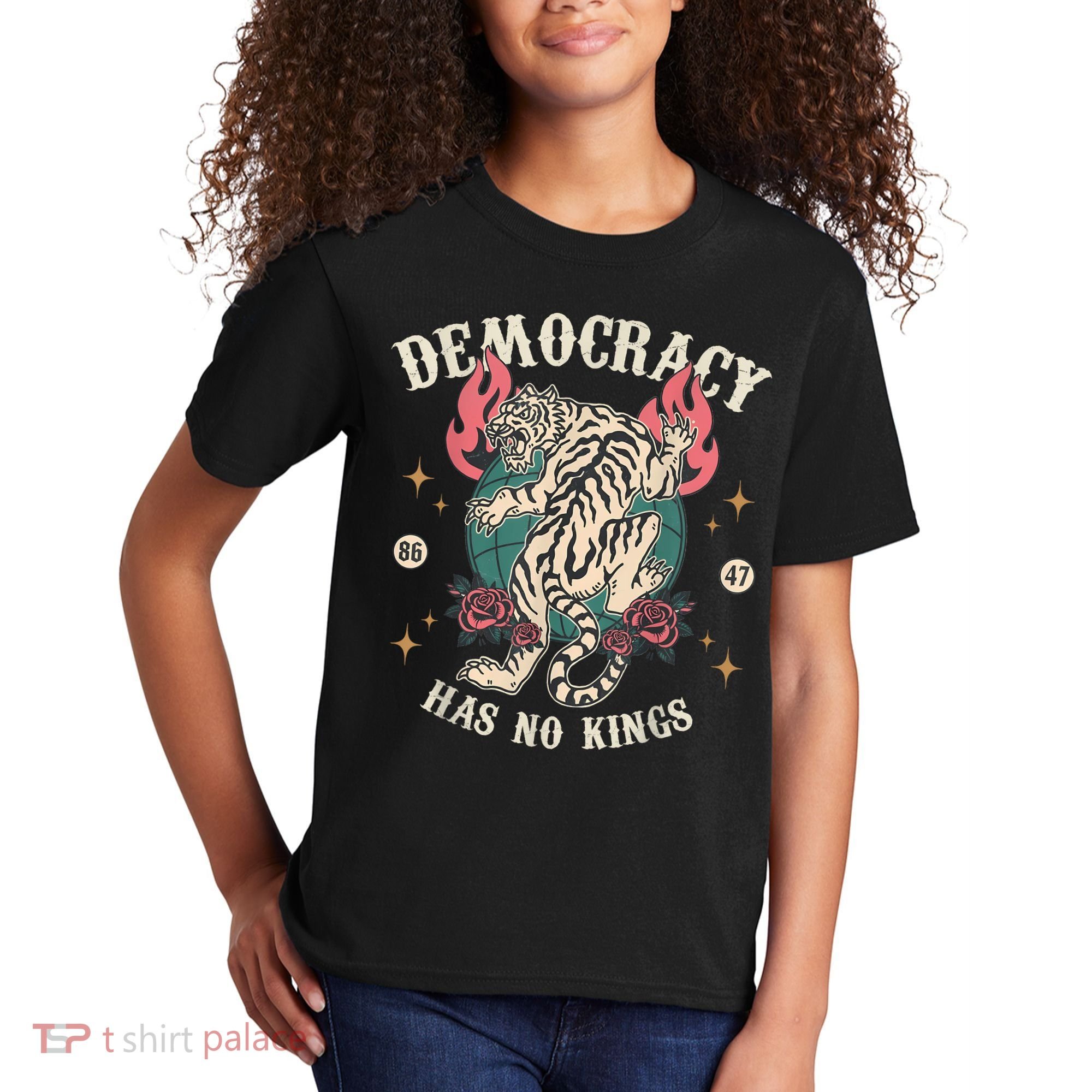 Democracy Has No Kings 86 47 Tiger Kids T-Shirt