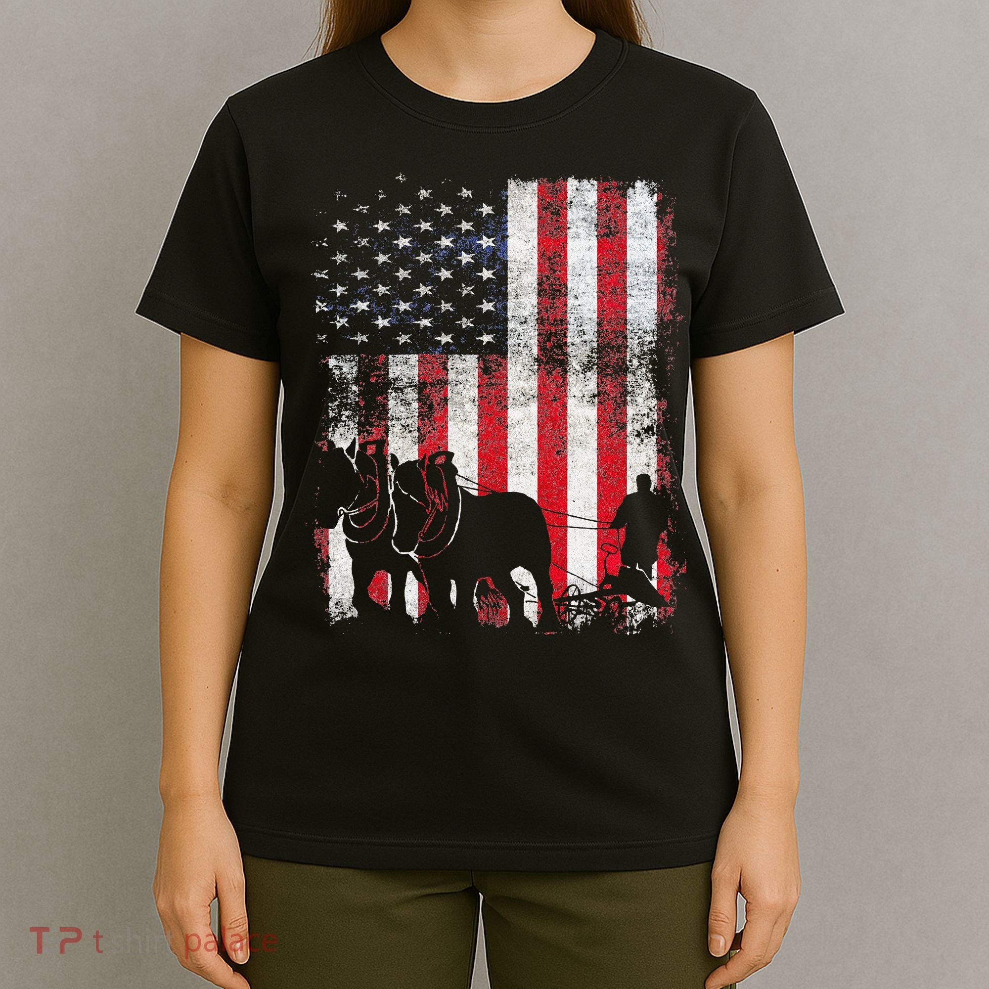 Draft Horse Patriotic American Flag Vintage Farmer T-Shirt