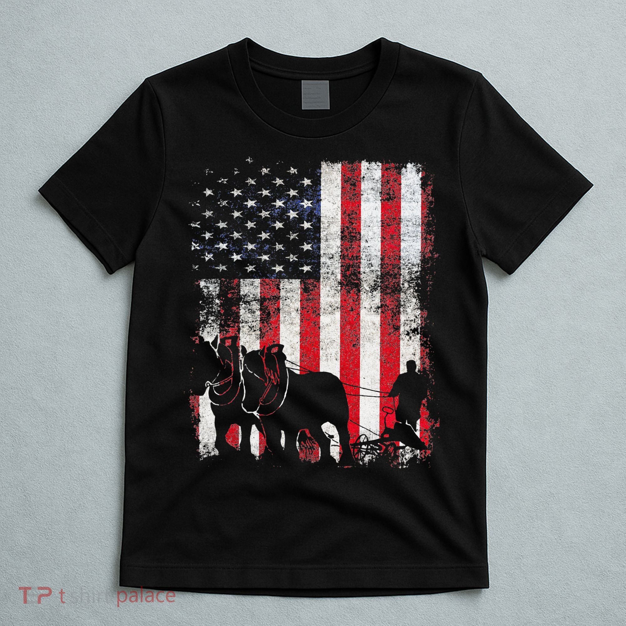 Draft Horse Patriotic American Flag Vintage Farmer T-Shirt