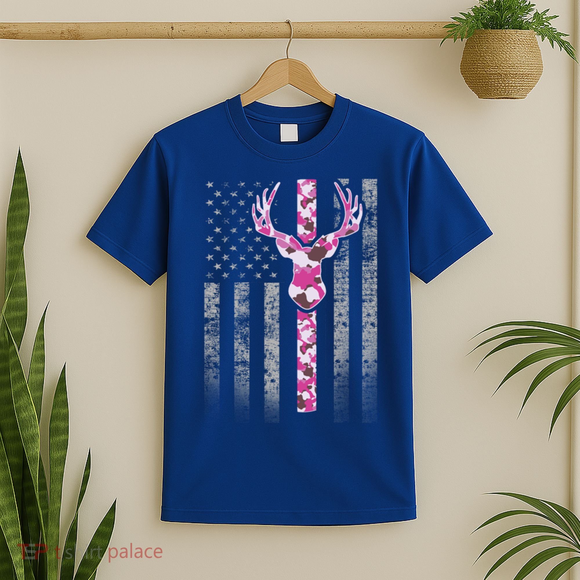 Deer Hunting Pink Camouflage Flag With Camo Deer Antlers Gift T-Shirt