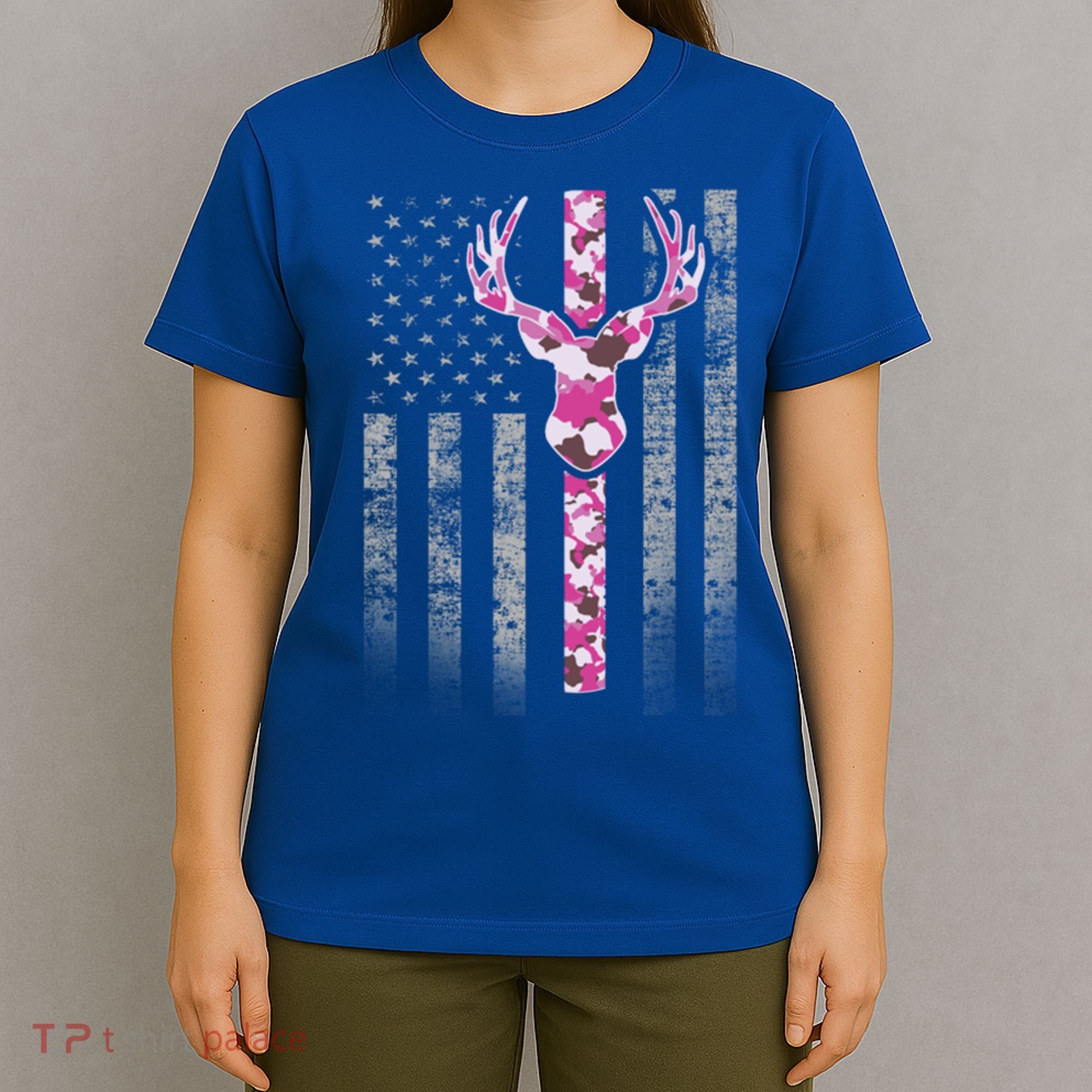 Deer Hunting Pink Camouflage Flag With Camo Deer Antlers Gift T-Shirt
