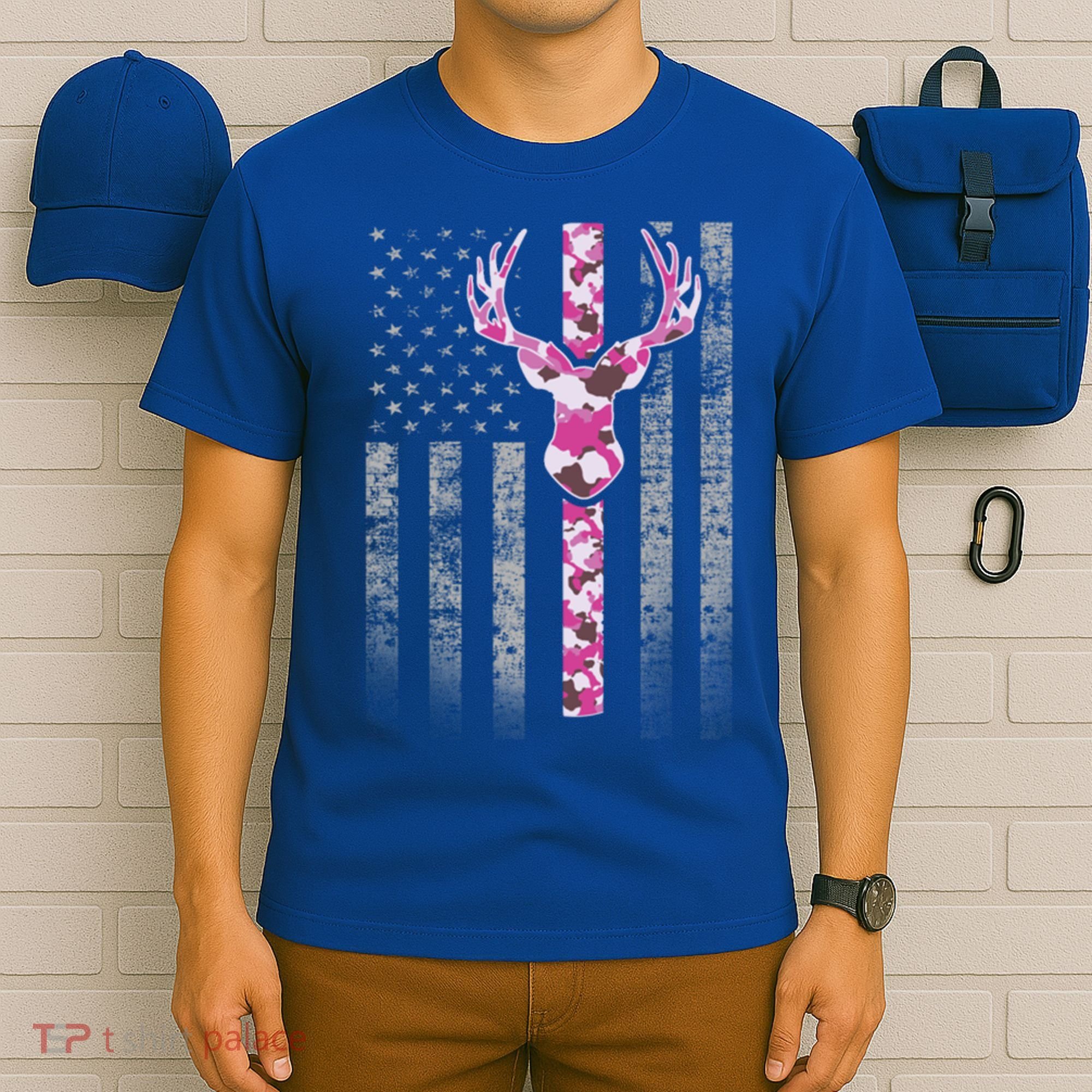 Deer Hunting Pink Camouflage Flag With Camo Deer Antlers Gift T-Shirt