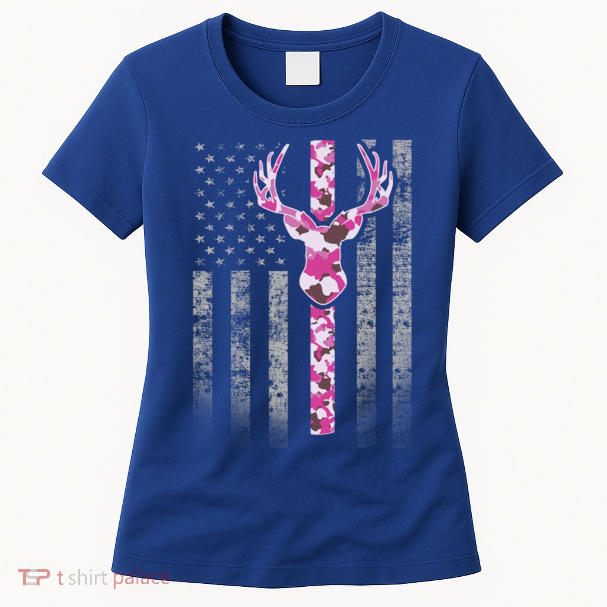 Deer Hunting Pink Camouflage Flag With Camo Deer Antlers Gift Women's T-Shirt