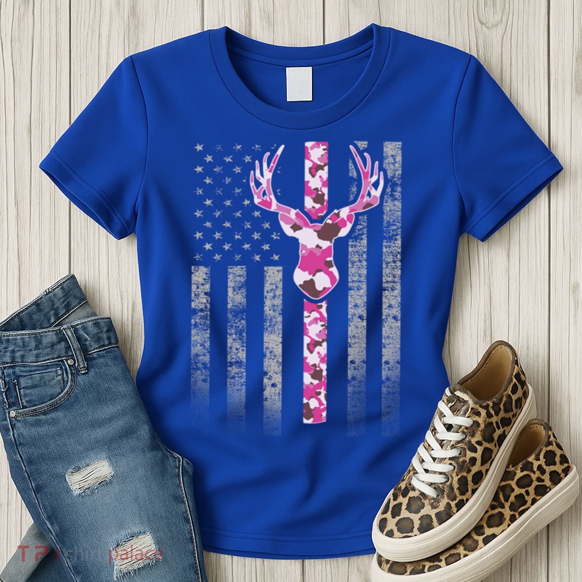 Deer Hunting Pink Camouflage Flag With Camo Deer Antlers Gift Women's T-Shirt