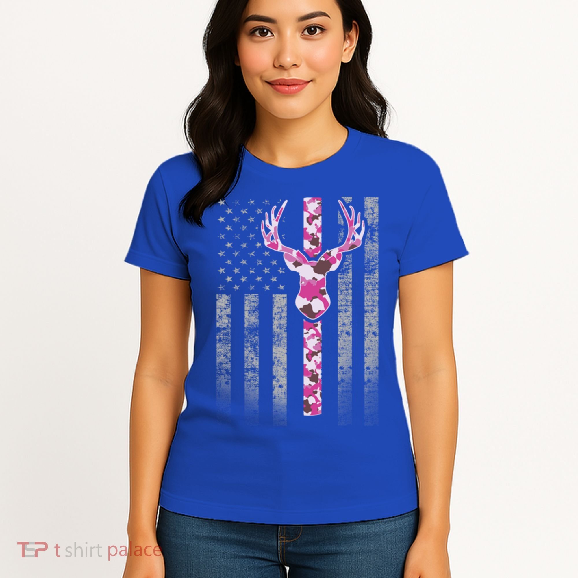 Deer Hunting Pink Camouflage Flag With Camo Deer Antlers Gift Women's T-Shirt