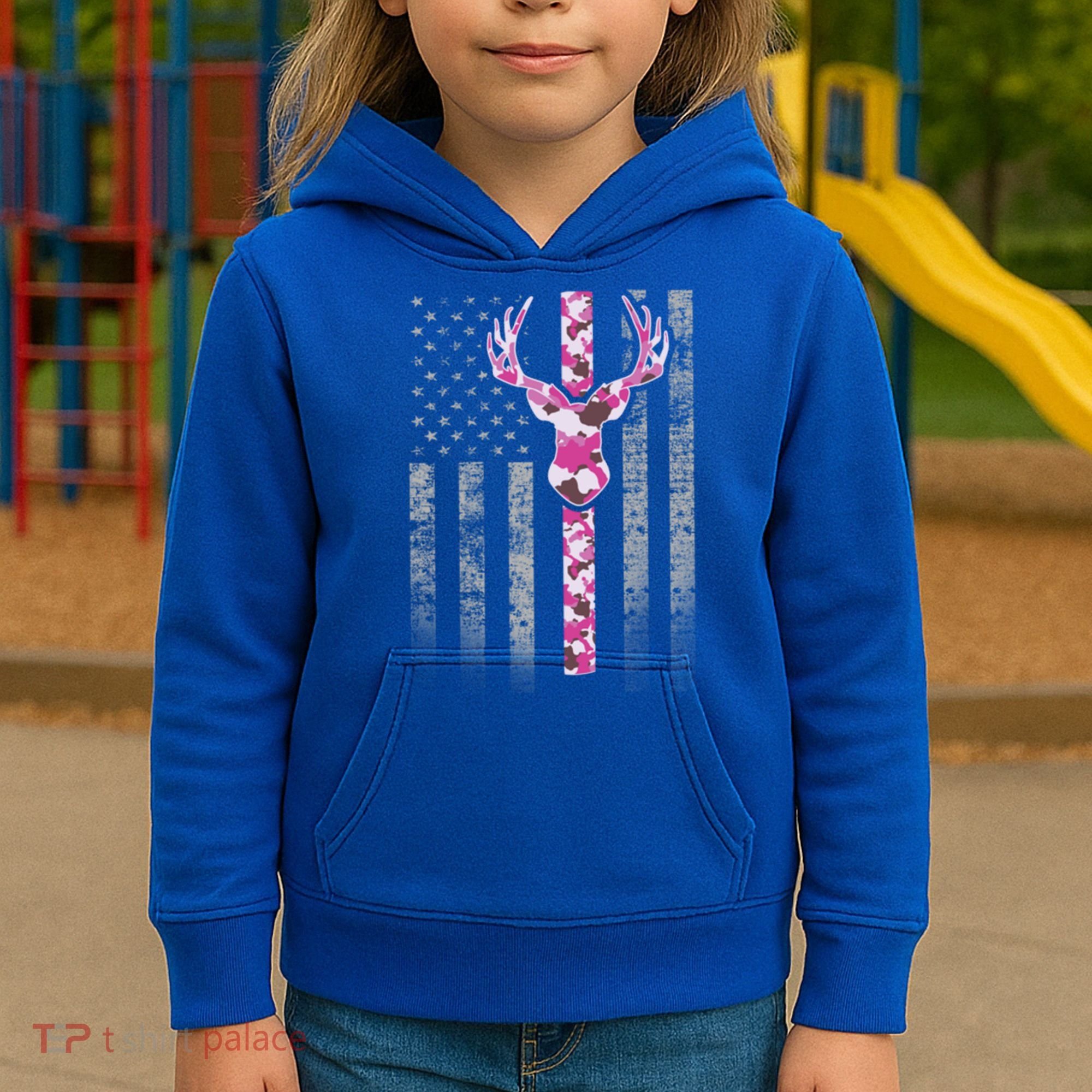 Deer Hunting Pink Camouflage Flag With Camo Deer Antlers Gift Kids Hoodie
