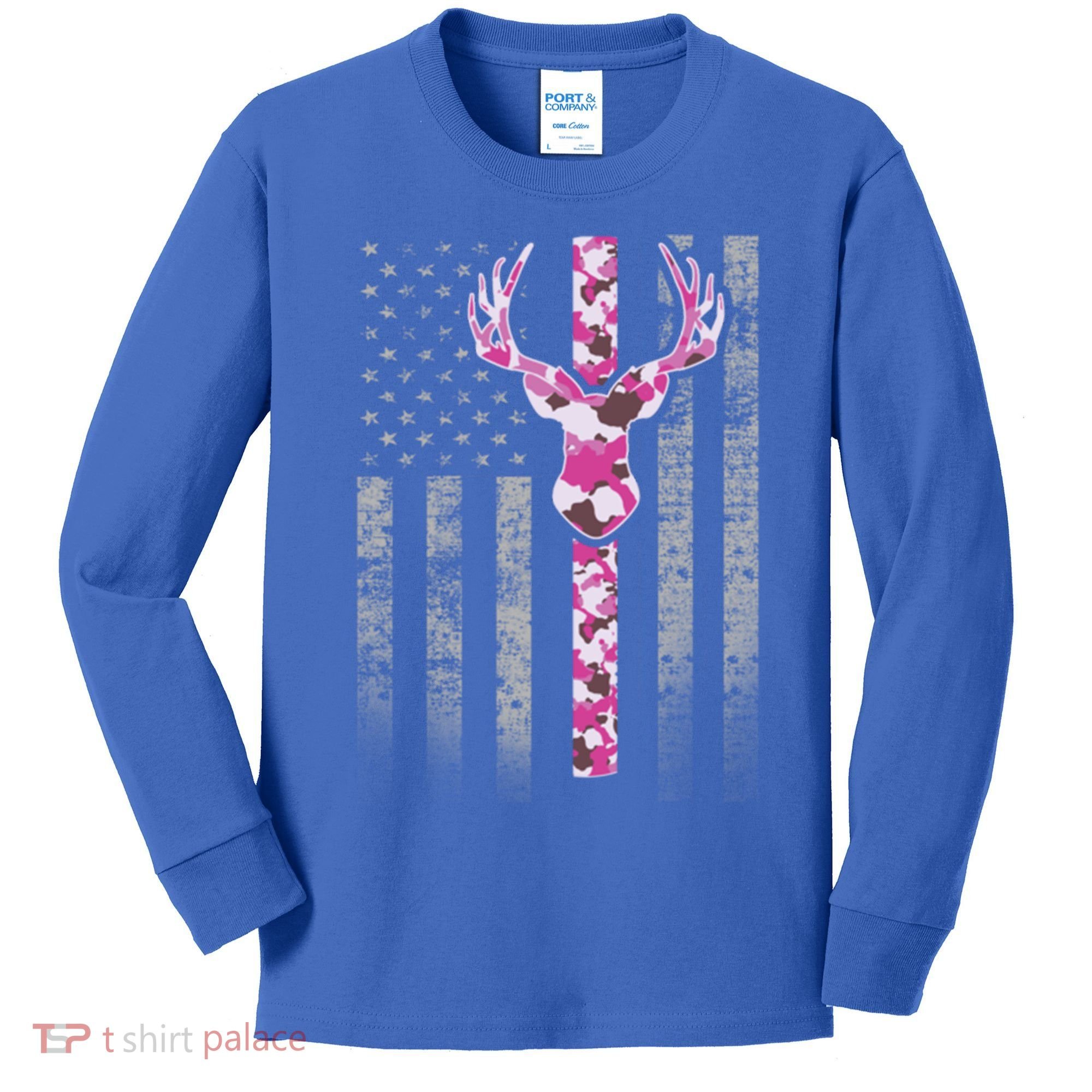 Deer Hunting Pink Camouflage Flag With Camo Deer Antlers Gift Kids Long Sleeve Shirt