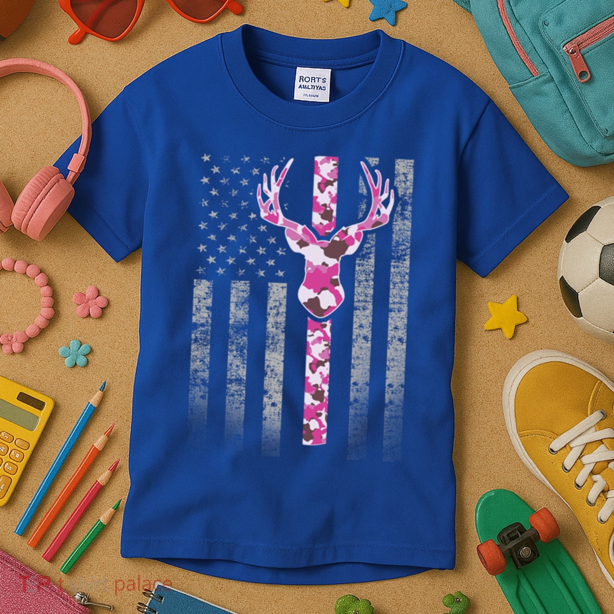Deer Hunting Pink Camouflage Flag With Camo Deer Antlers Gift Kids T-Shirt