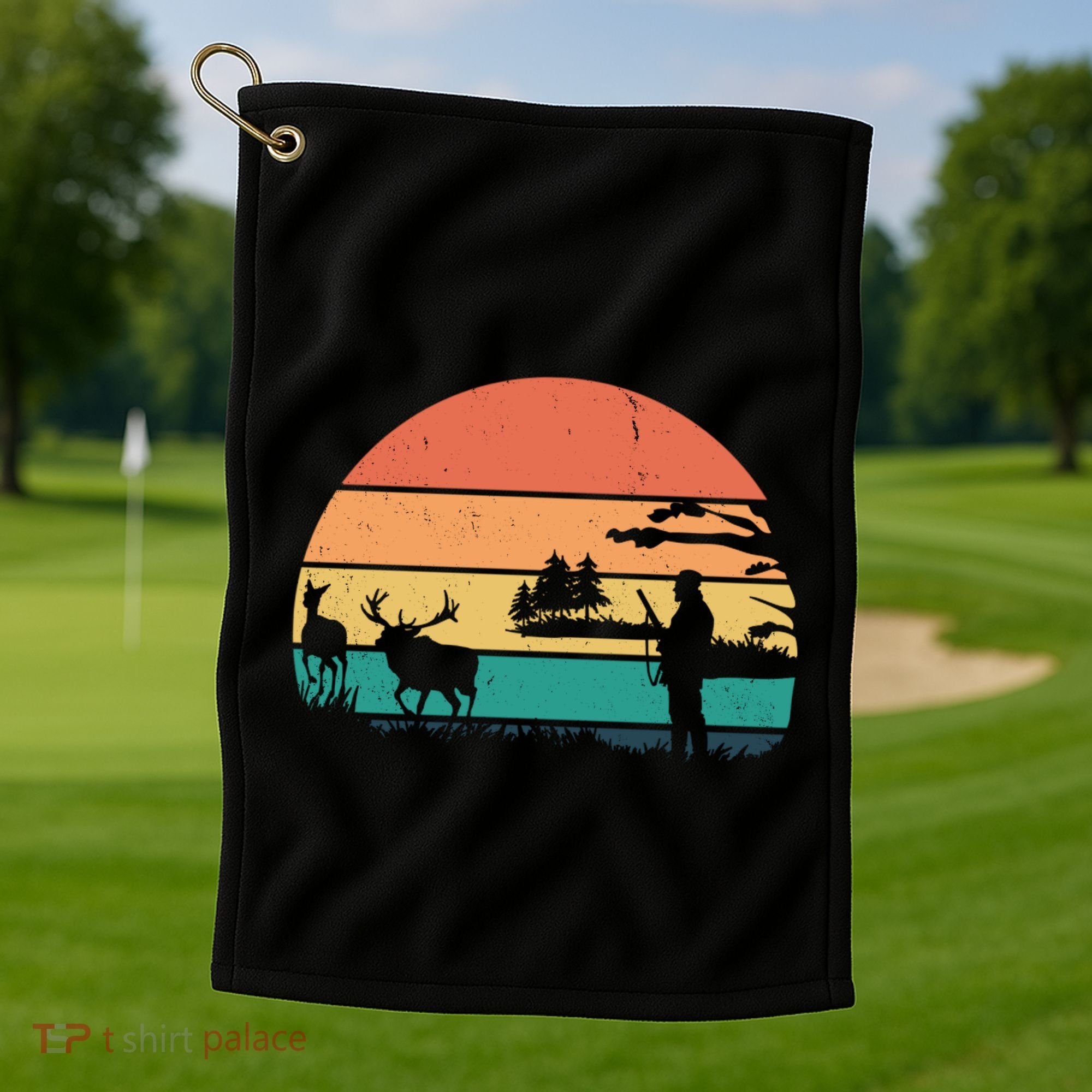 Deer Hunting Retro Sunset Nature Golf Towel