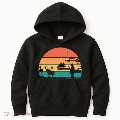Deer Hunting Retro Sunset Nature Kids Hoodie