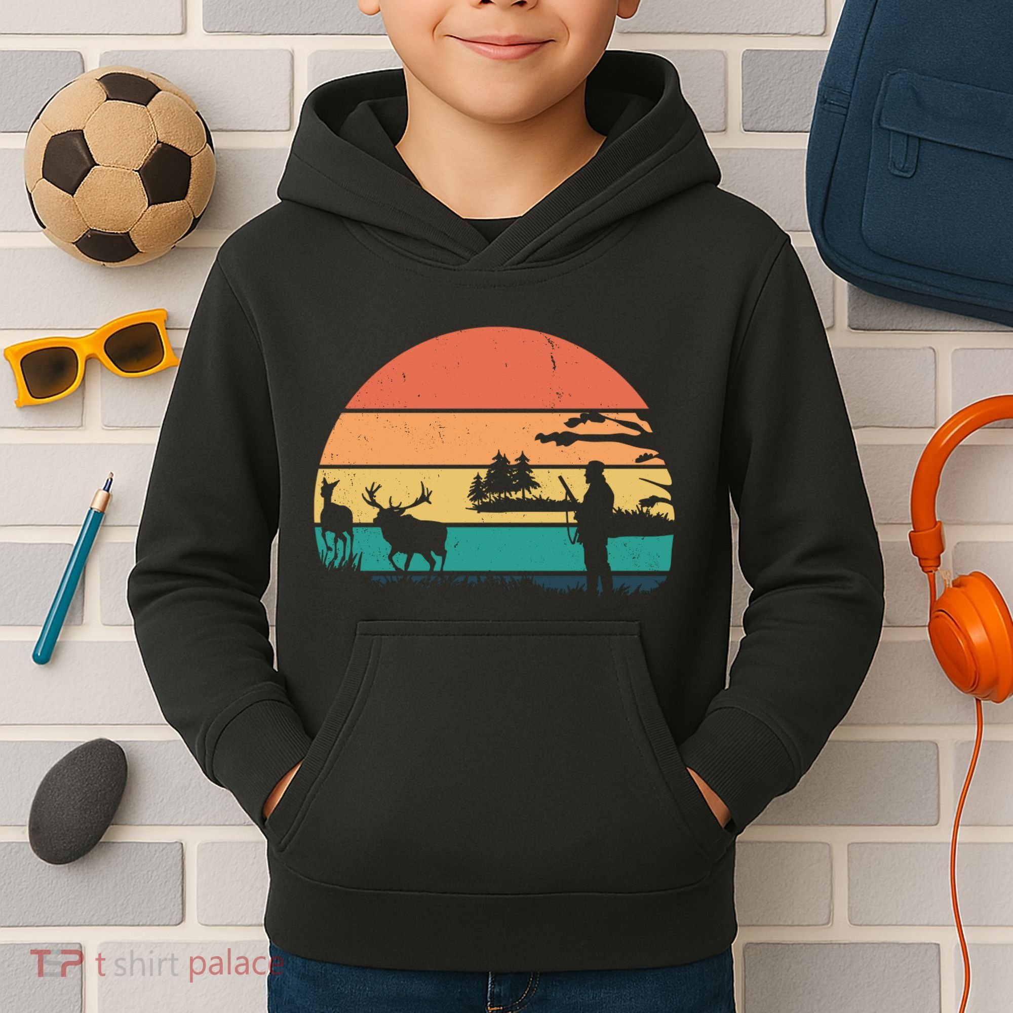 Deer Hunting Retro Sunset Nature Kids Hoodie