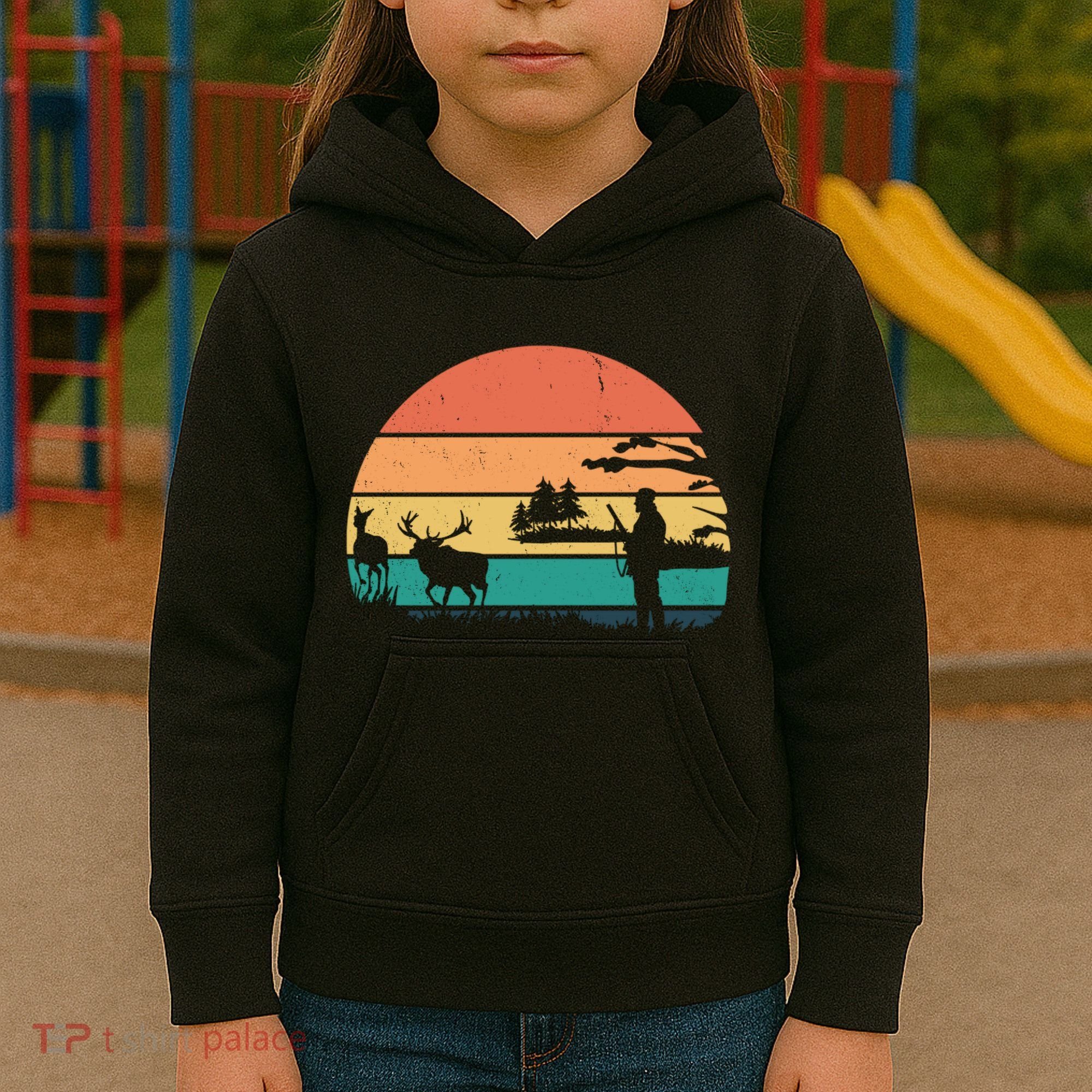 Deer Hunting Retro Sunset Nature Kids Hoodie