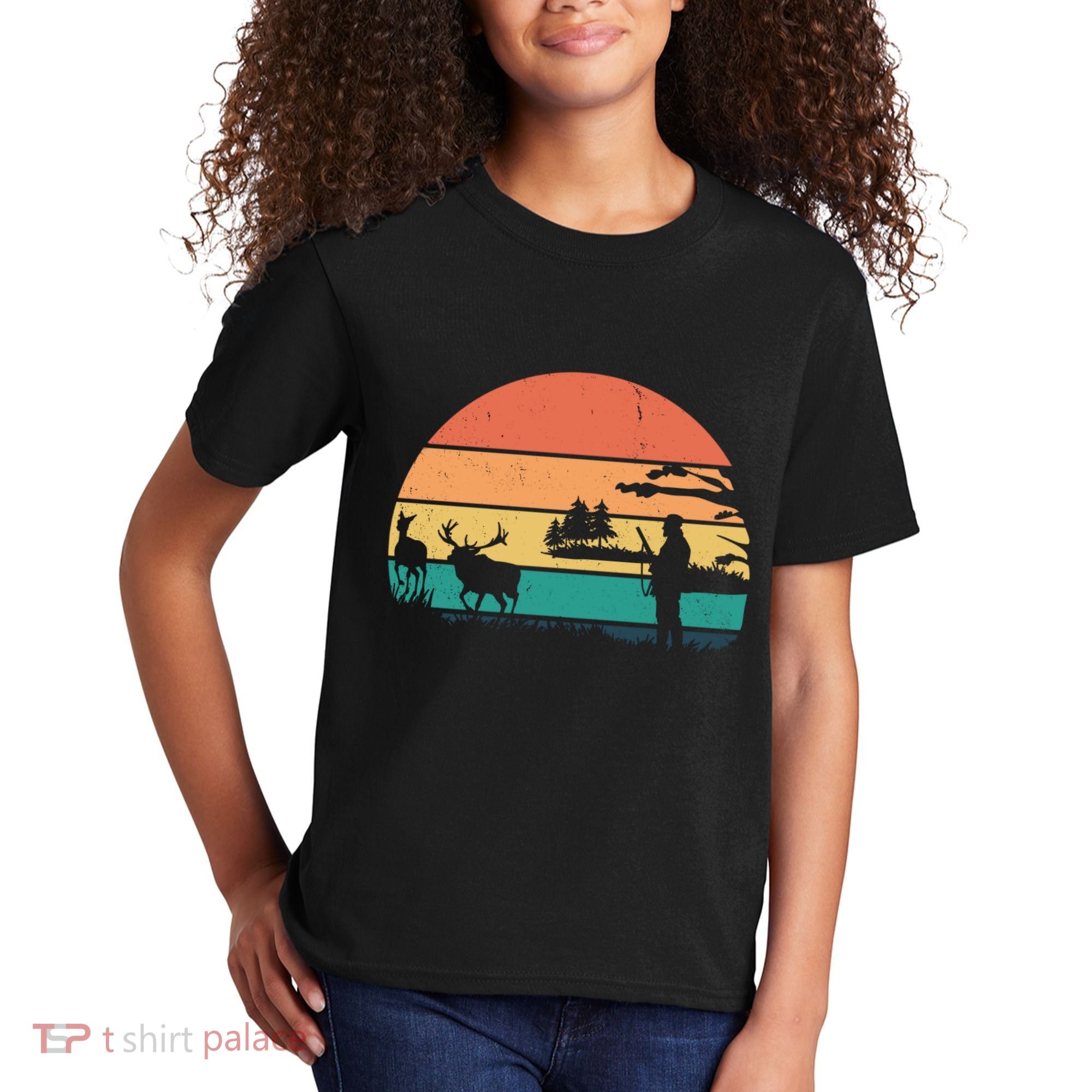 Deer Hunting Retro Sunset Nature Kids T-Shirt