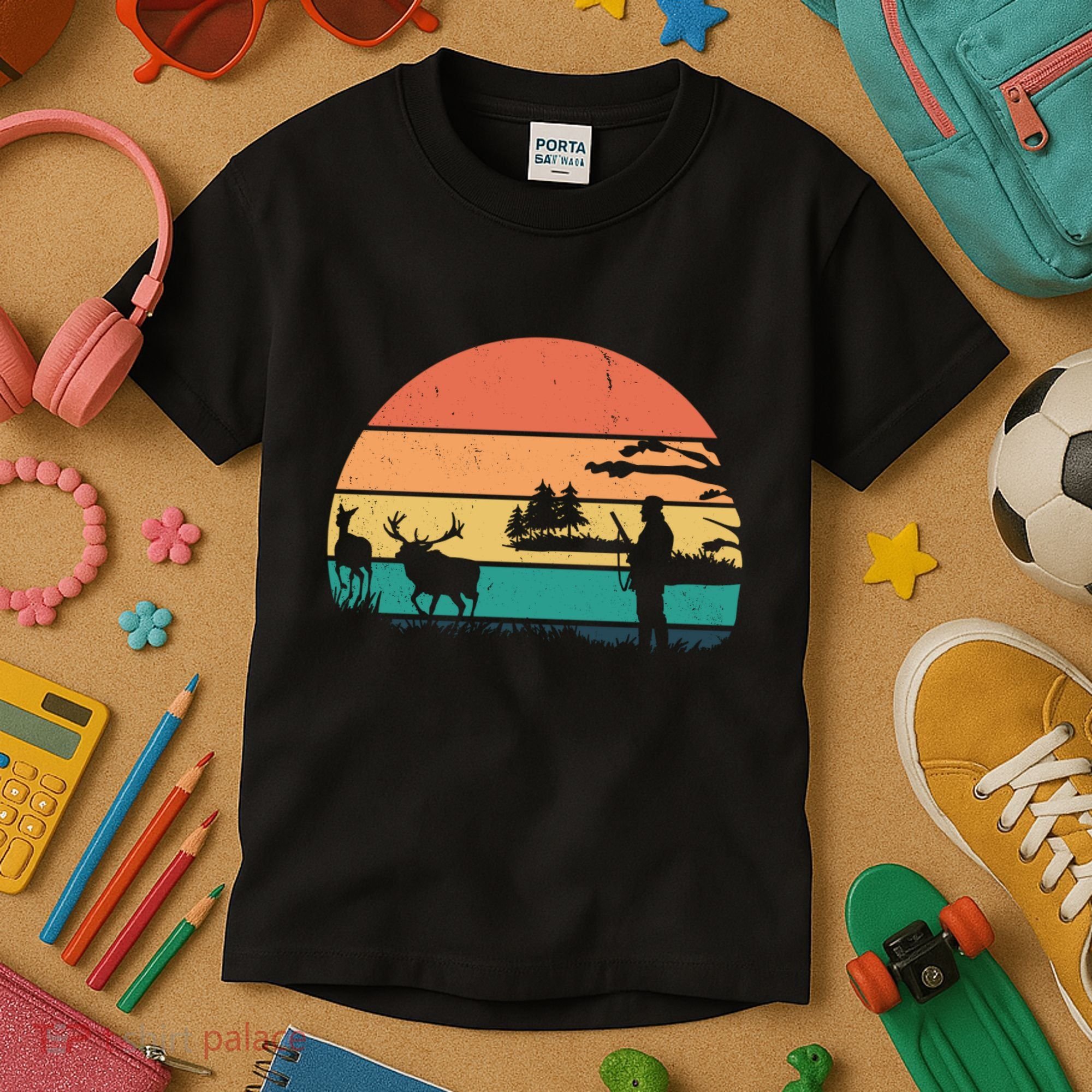 Deer Hunting Retro Sunset Nature Kids T-Shirt