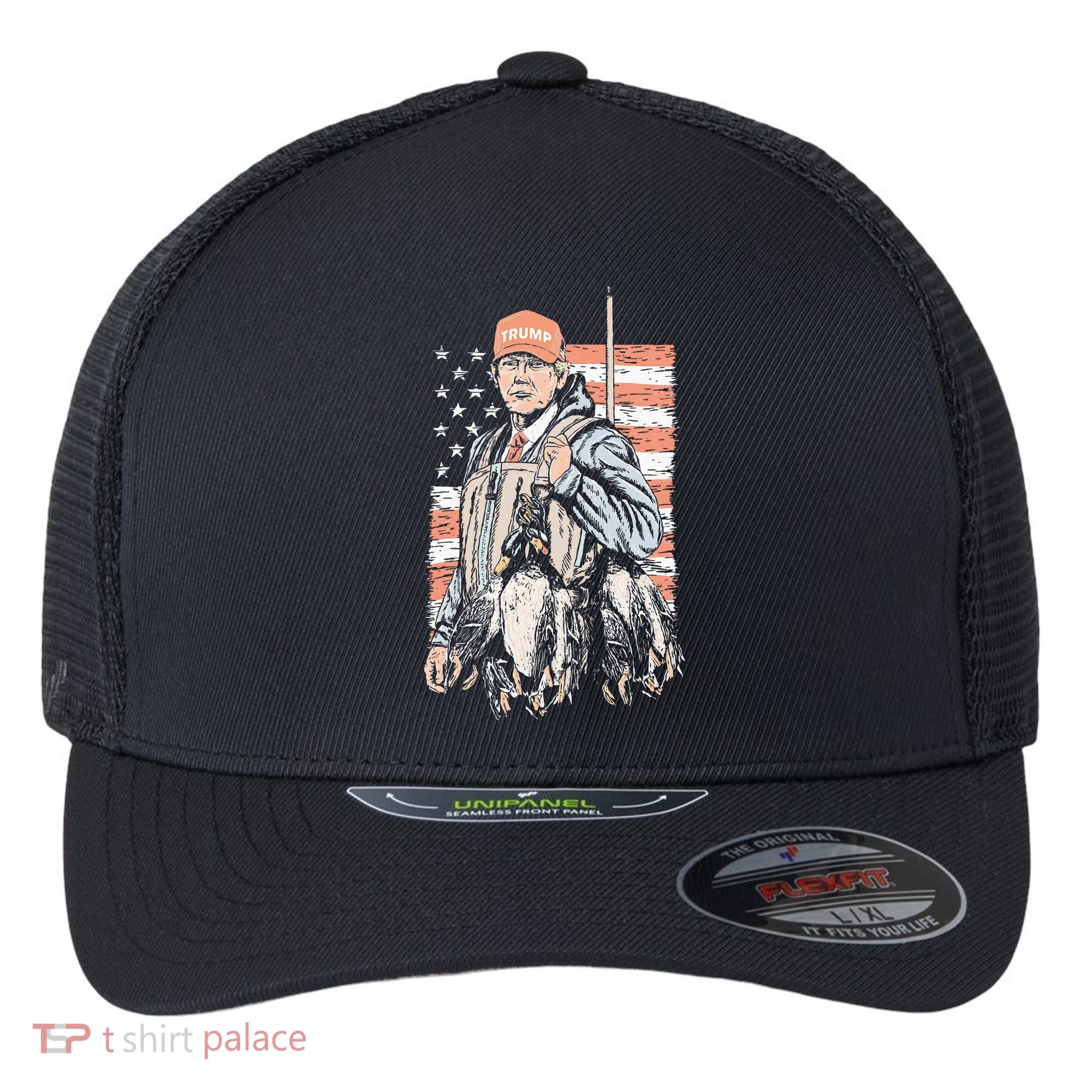 Duck Hunting Trump Camo Hello Hunting Season Flexfit Unipanel Trucker Cap