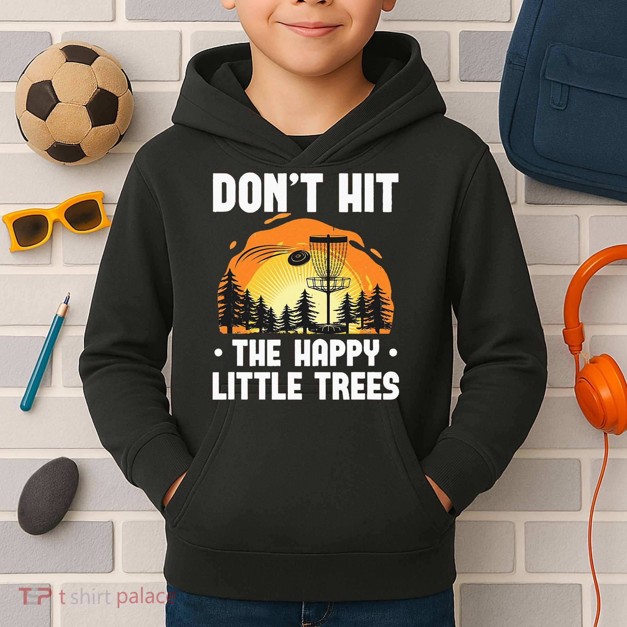 Don't Hit The Happy Little Tree Funny Disc Golf Golfer Retro Kids Hoodie