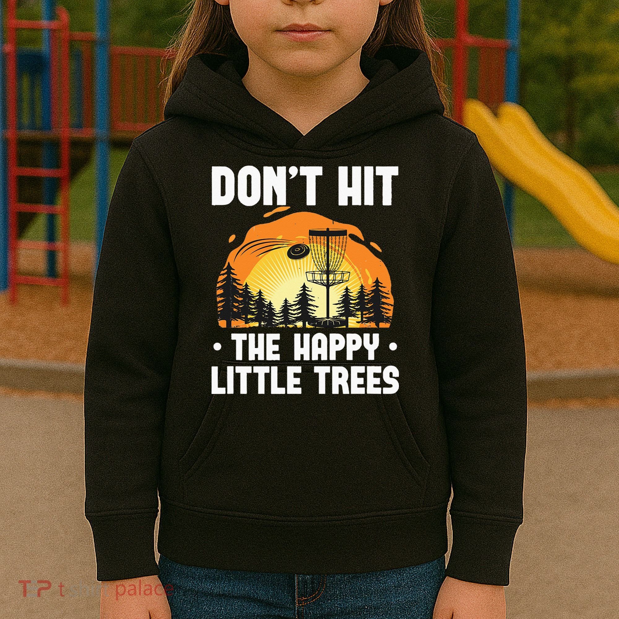 Don't Hit The Happy Little Tree Funny Disc Golf Golfer Retro Kids Hoodie