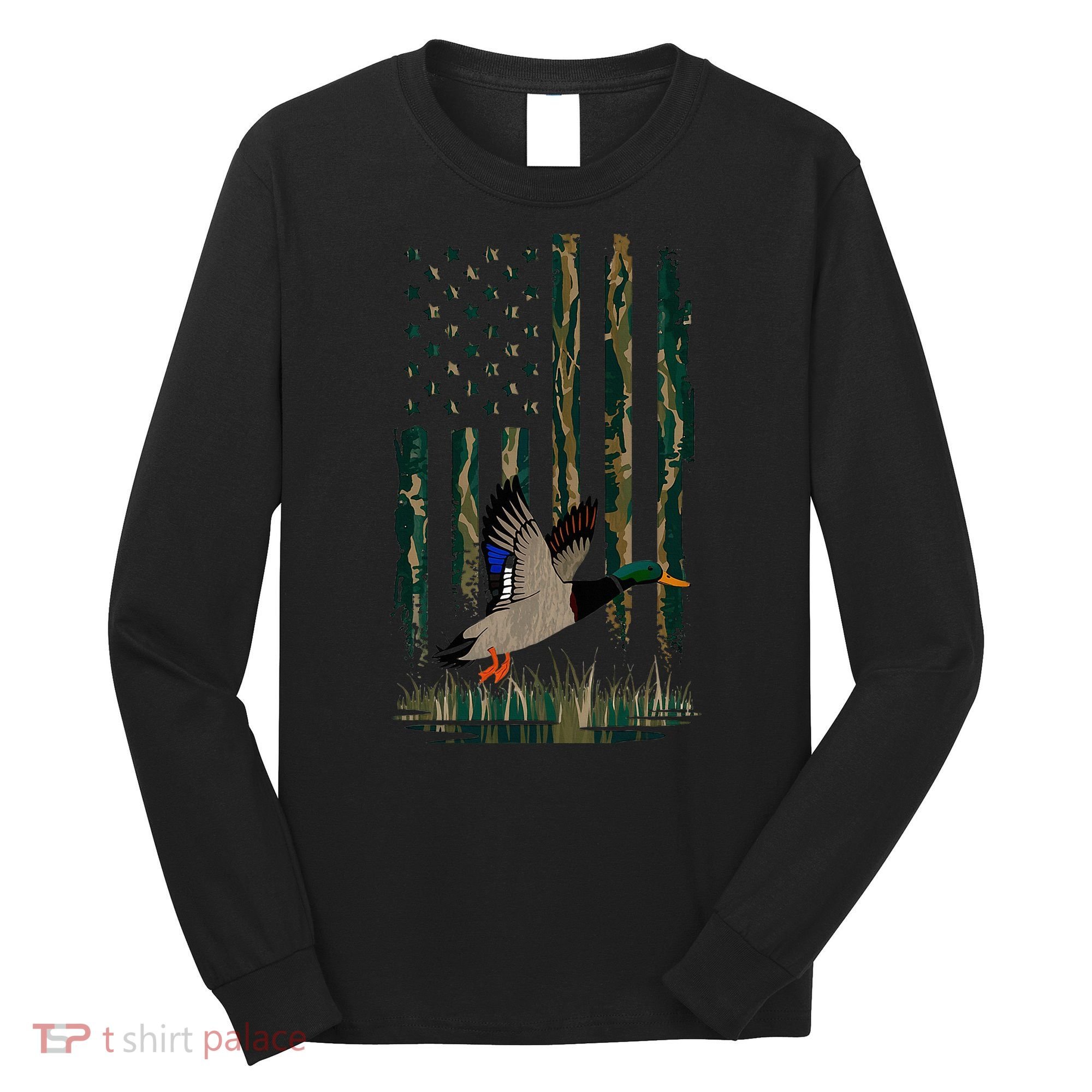 Duck Hunting Waterfowl Hunters Camo Flag Long Sleeve Shirt