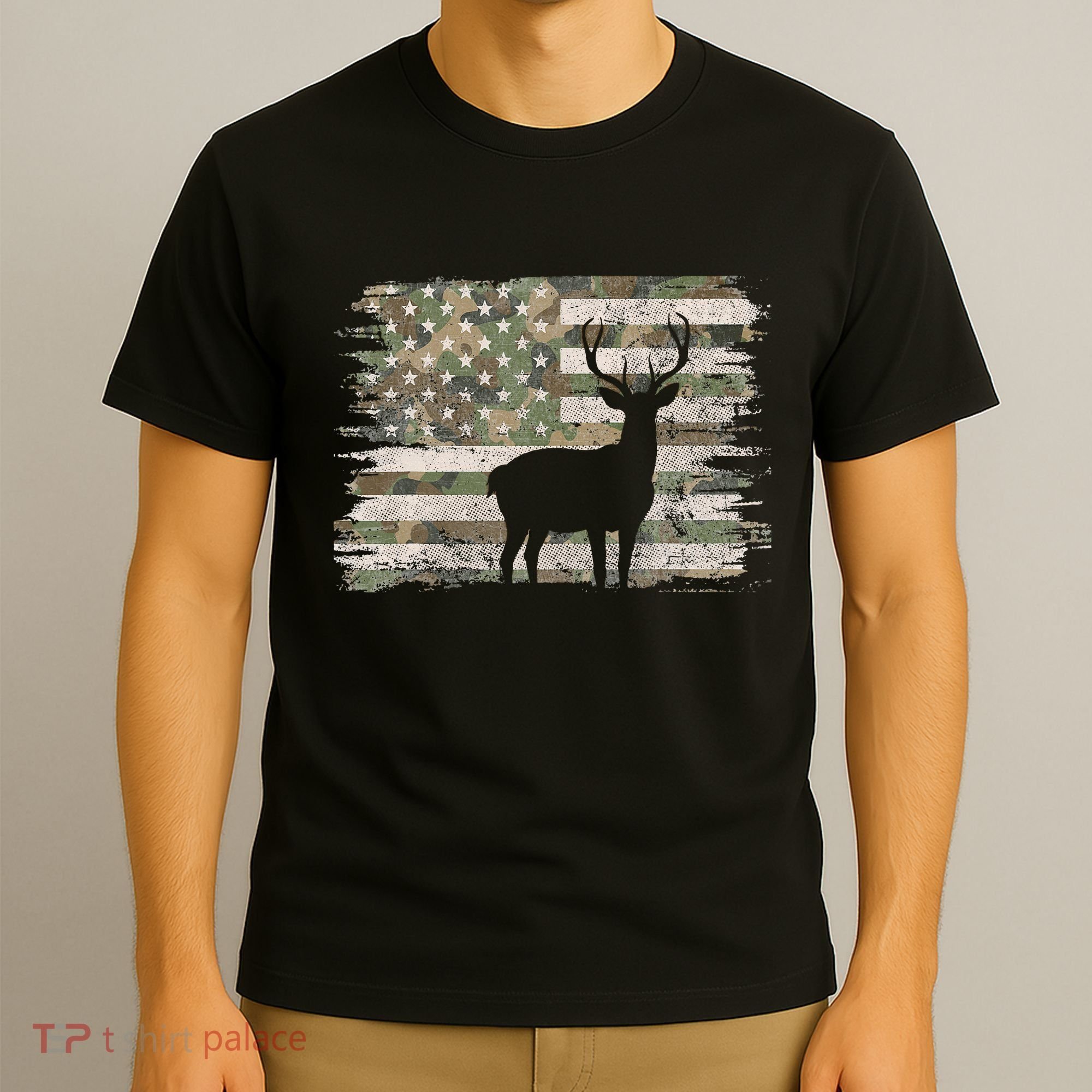 Deer Hunting Whitetail Camo American Us Flag Elk Buck T-Shirt