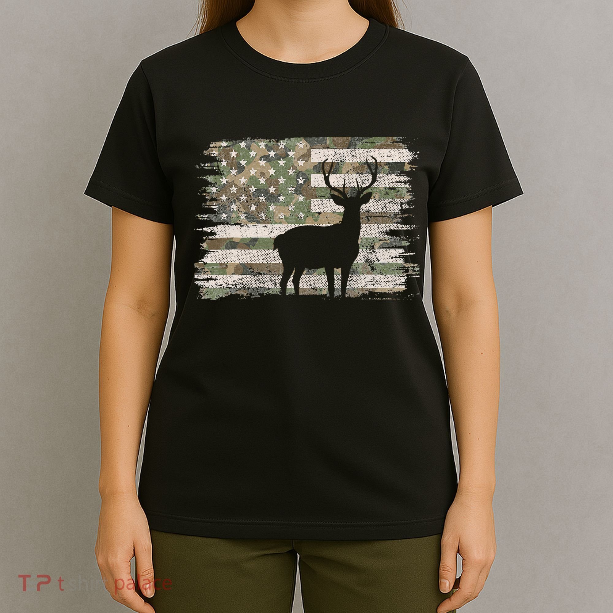 Deer Hunting Whitetail Camo American Us Flag Elk Buck T-Shirt