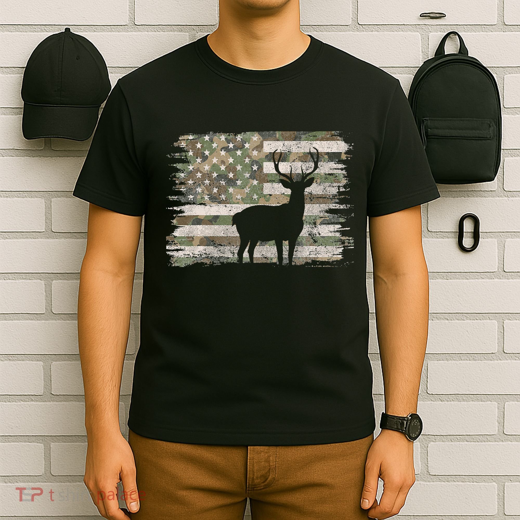 Deer Hunting Whitetail Camo American Us Flag Elk Buck T-Shirt