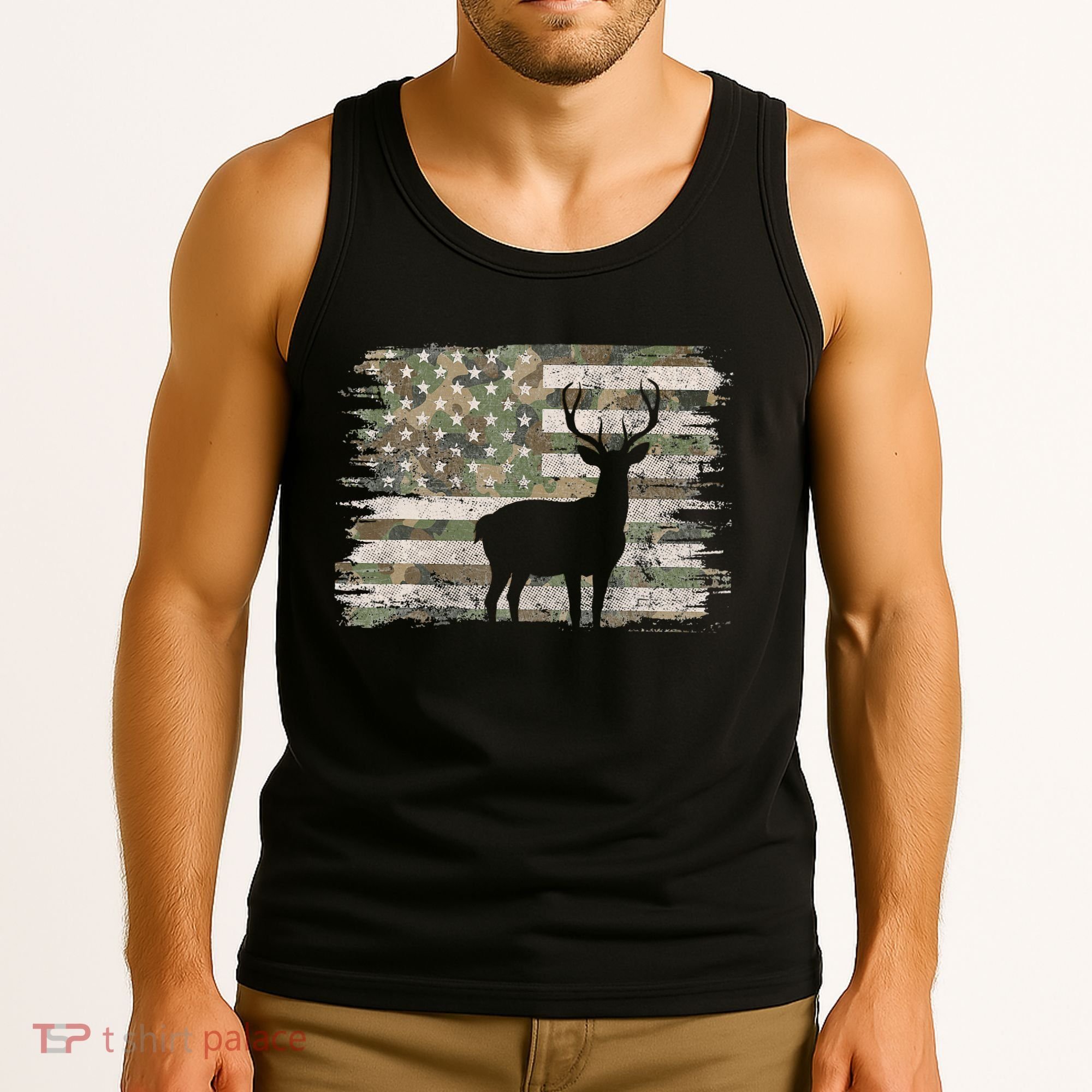 Deer Hunting Whitetail Camo American Us Flag Elk Buck Tank Top
