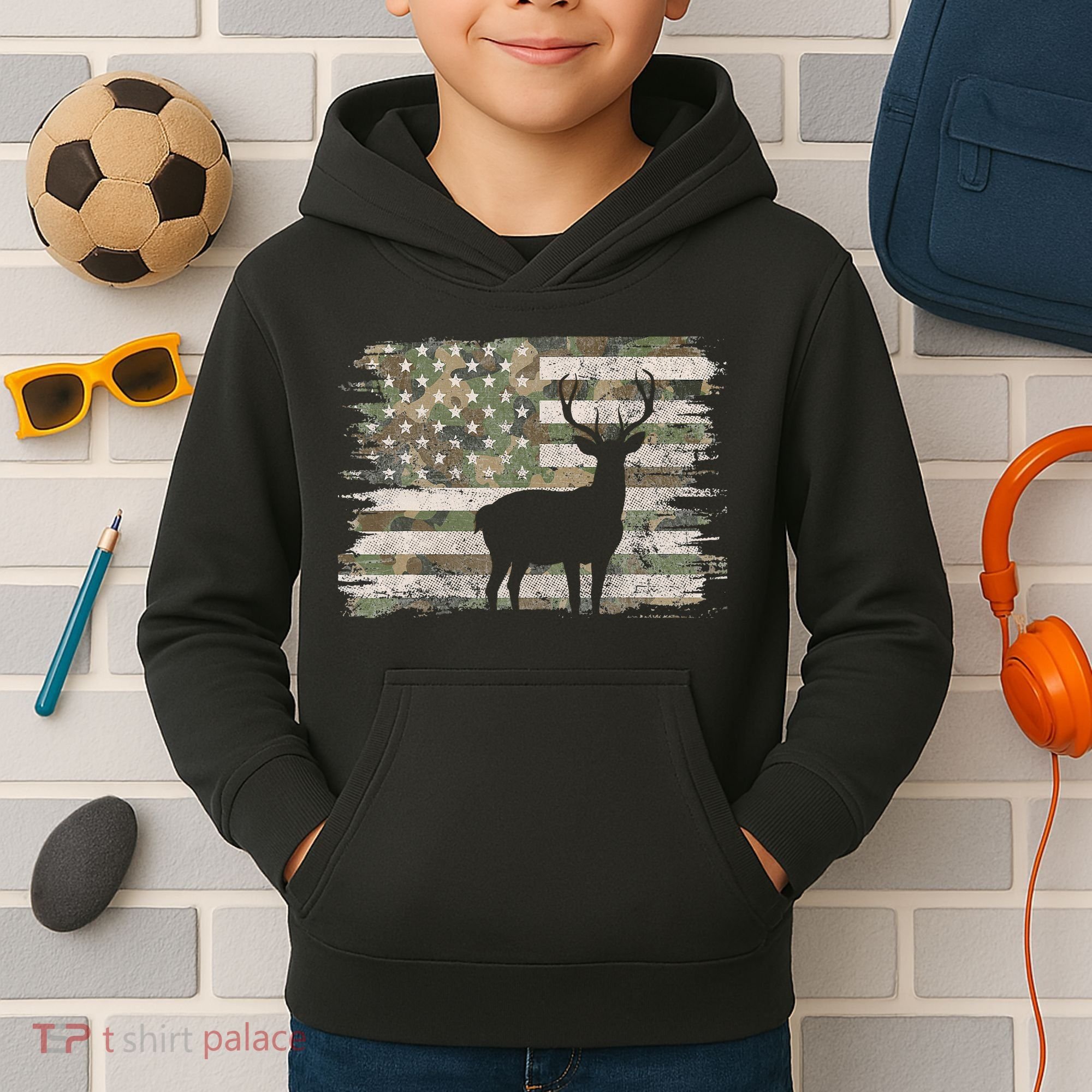 Deer Hunting Whitetail Camo American Us Flag Elk Buck Kids Hoodie
