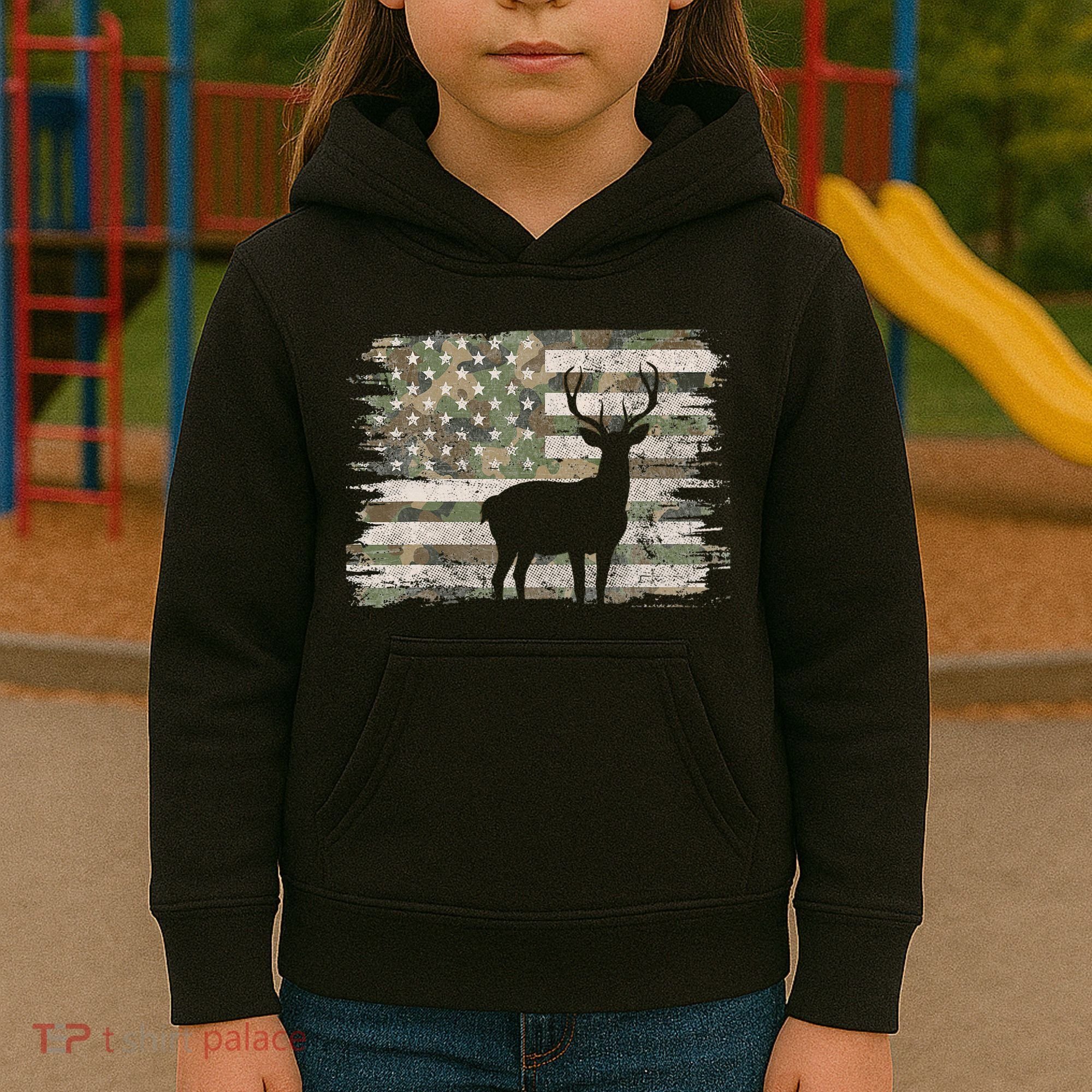 Deer Hunting Whitetail Camo American Us Flag Elk Buck Kids Hoodie