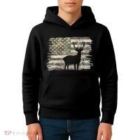 Deer Hunting Whitetail Camo American Us Flag Elk Buck Kids Hoodie thumb 4