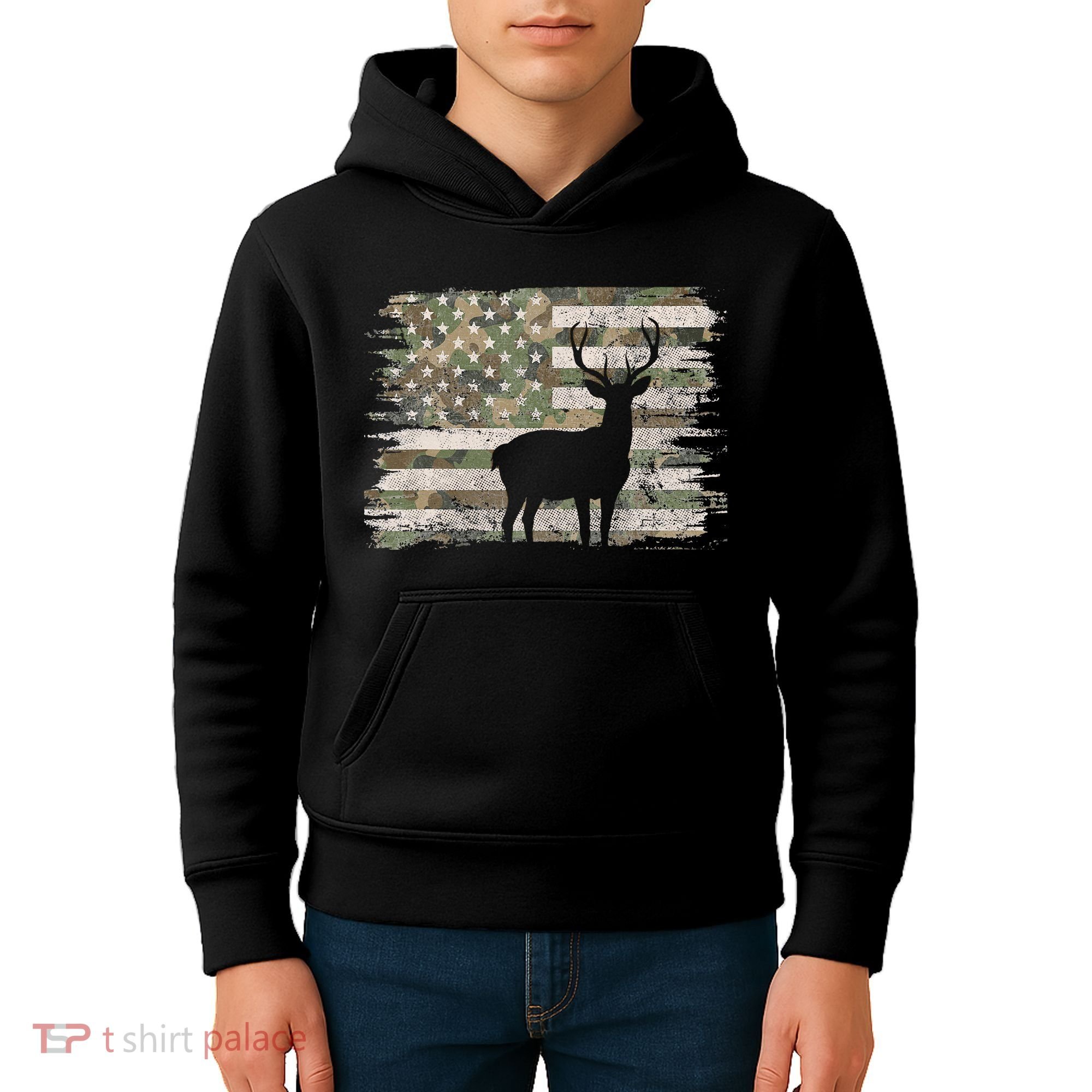 Deer Hunting Whitetail Camo American Us Flag Elk Buck Kids Hoodie