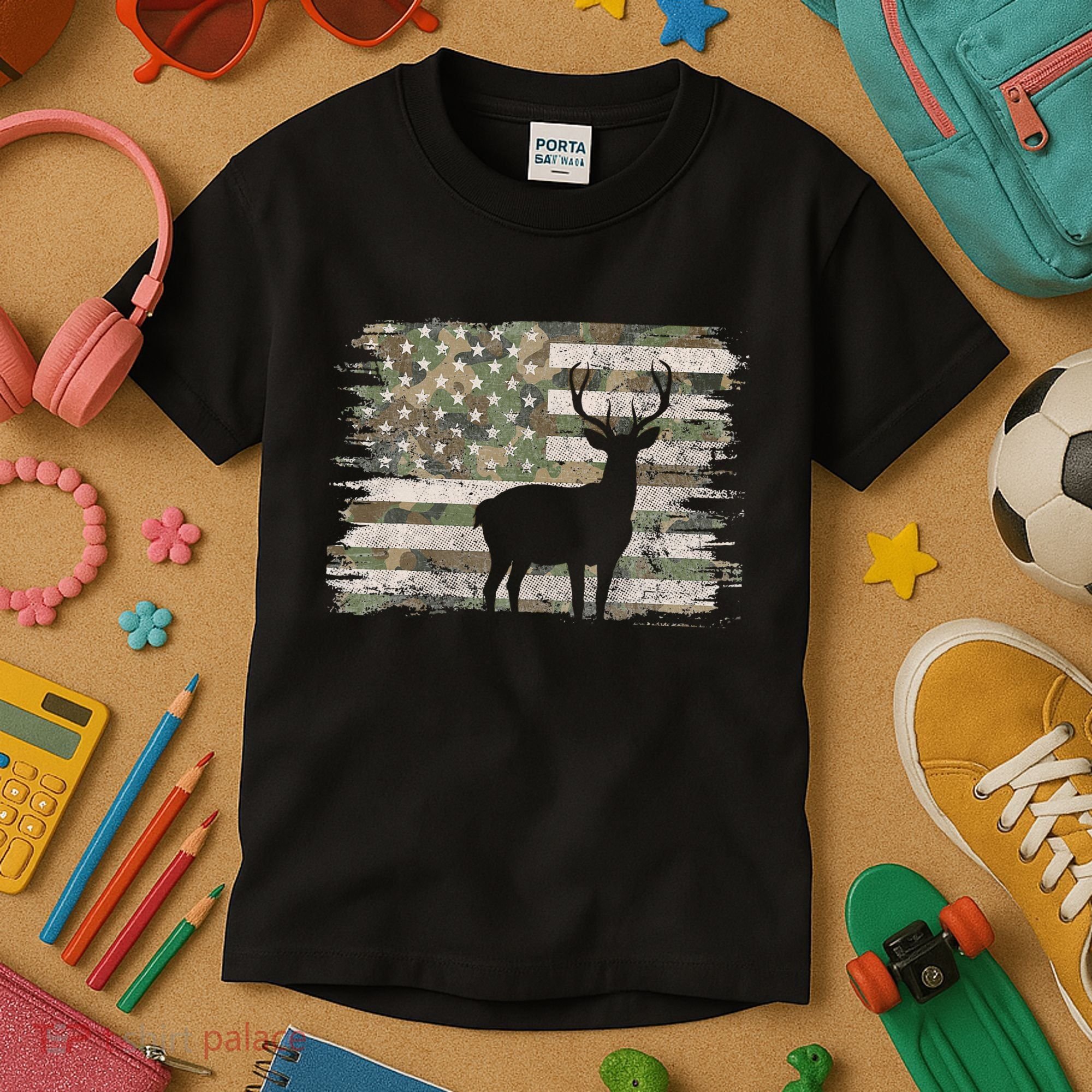 Deer Hunting Whitetail Camo American Us Flag Elk Buck Kids T-Shirt