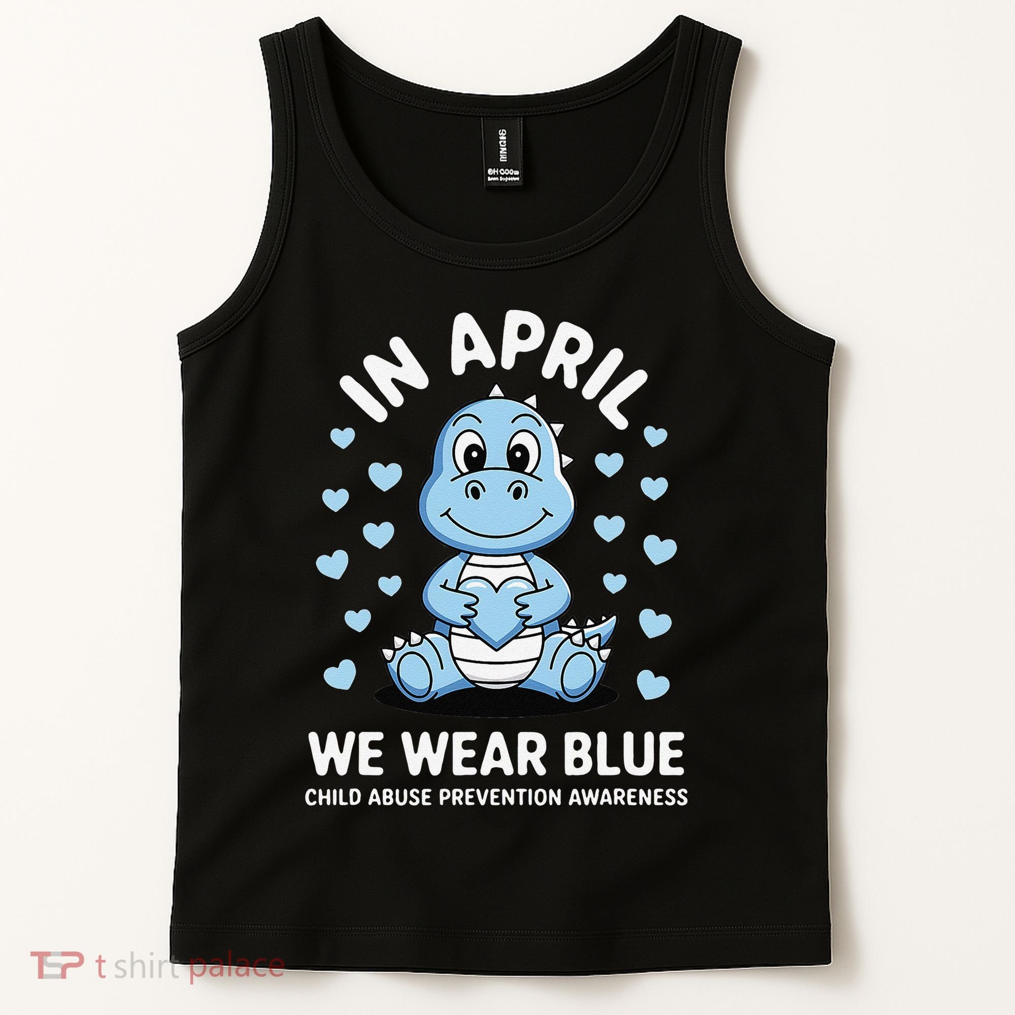 Dino In April We Wear Blue Child Abuse Prevention Awareness Tank Top