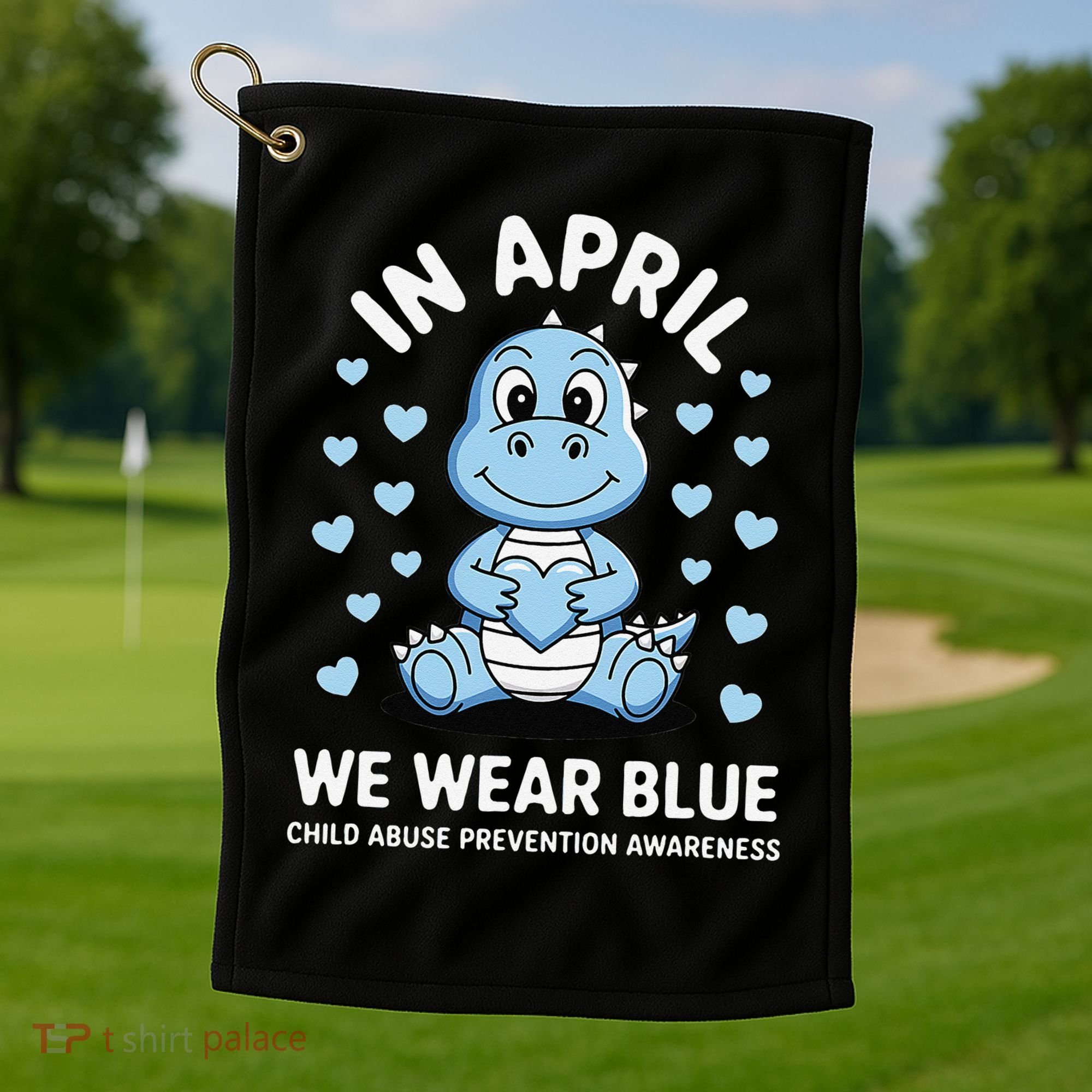 Dino In April We Wear Blue Child Abuse Prevention Awareness Golf Towel