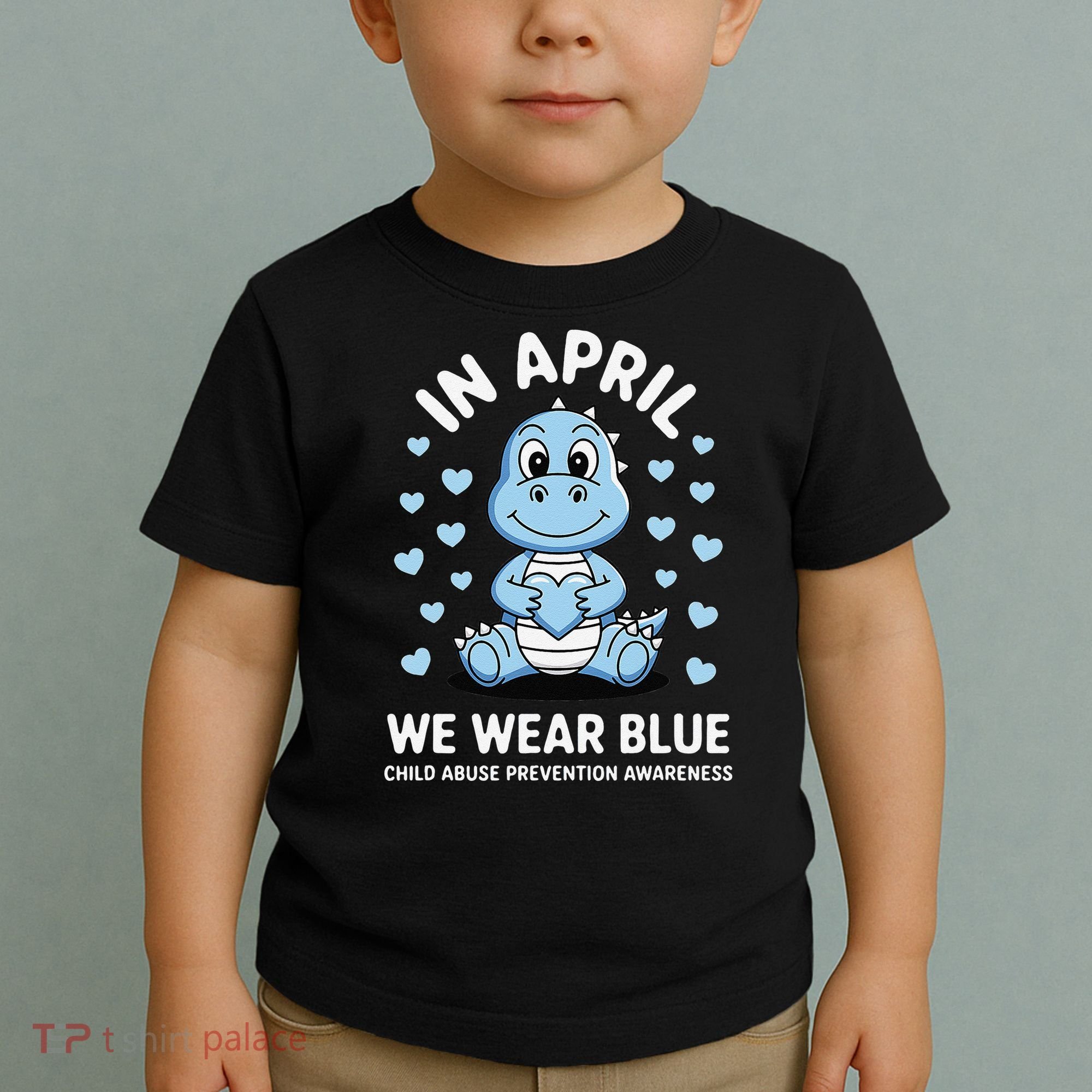 Dino In April We Wear Blue Child Abuse Prevention Awareness Toddler T-Shirt
