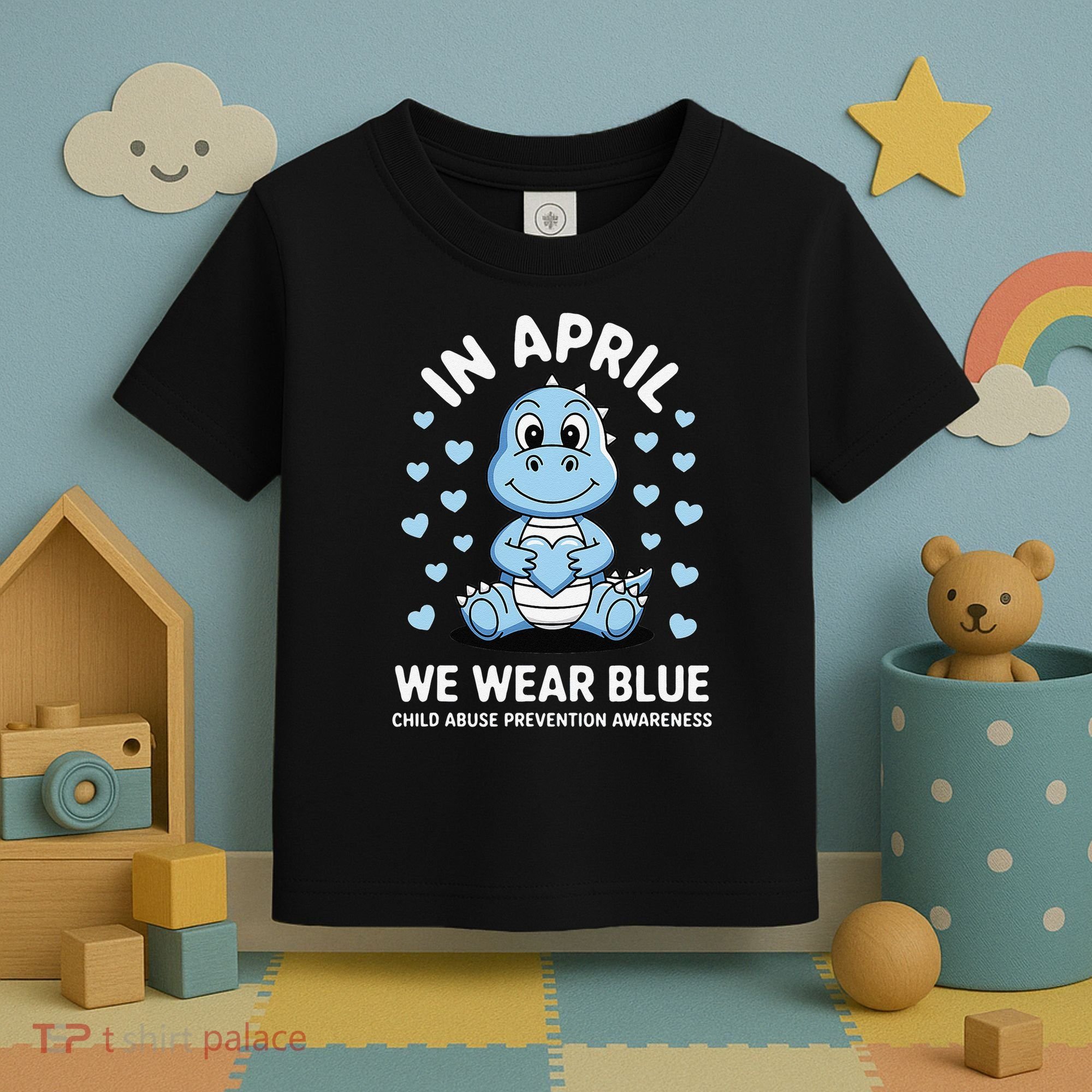 Dino In April We Wear Blue Child Abuse Prevention Awareness Toddler T-Shirt