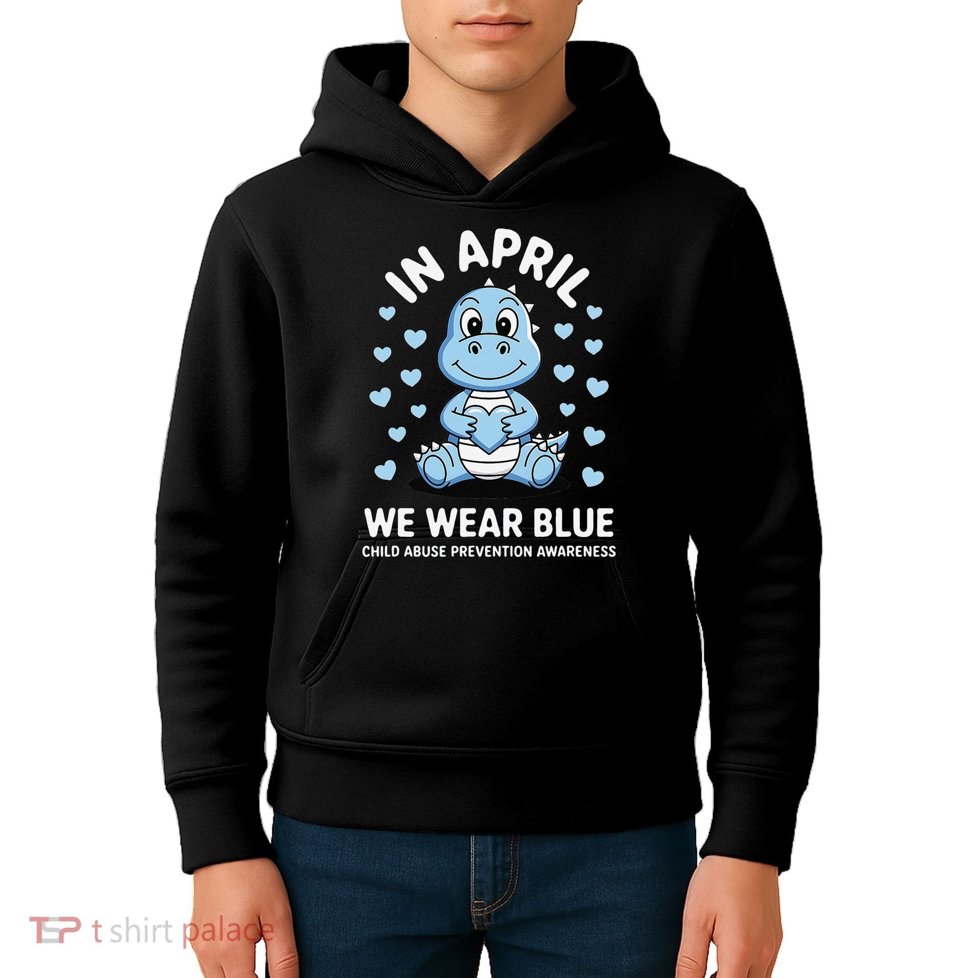 Dino In April We Wear Blue Child Abuse Prevention Awareness Kids Hoodie