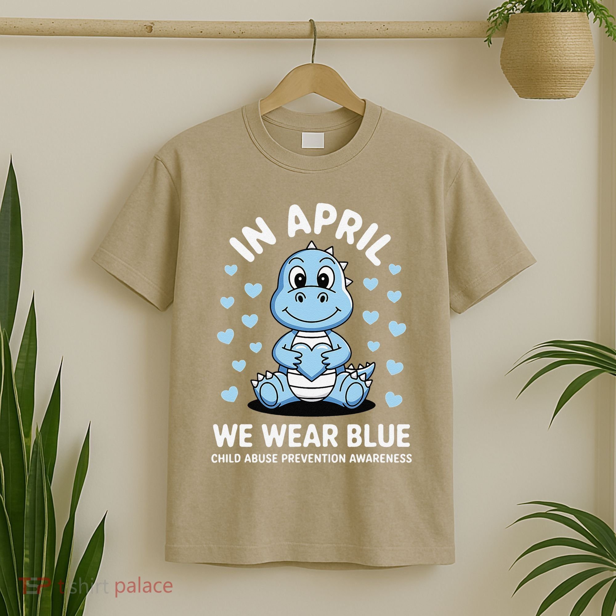 Dino In April We Wear Blue Child Abuse Prevention Awareness T-Shirt