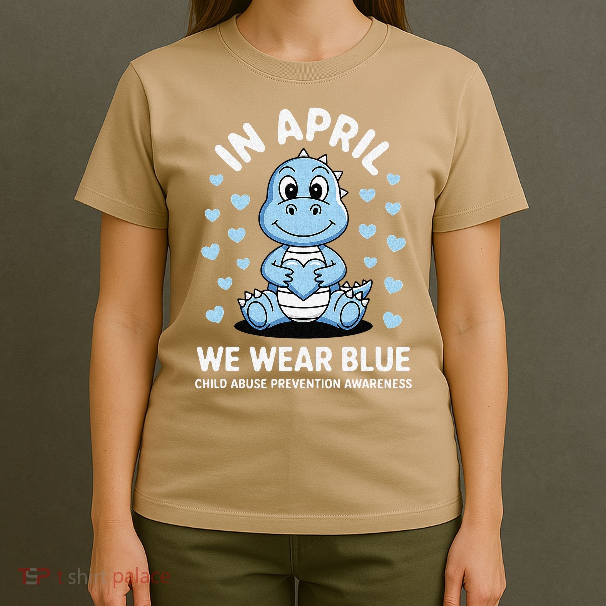 Dino In April We Wear Blue Child Abuse Prevention Awareness T-Shirt