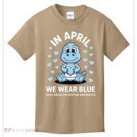 Dino In April We Wear Blue Child Abuse Prevention Awareness Kids T-Shirt thumb 0