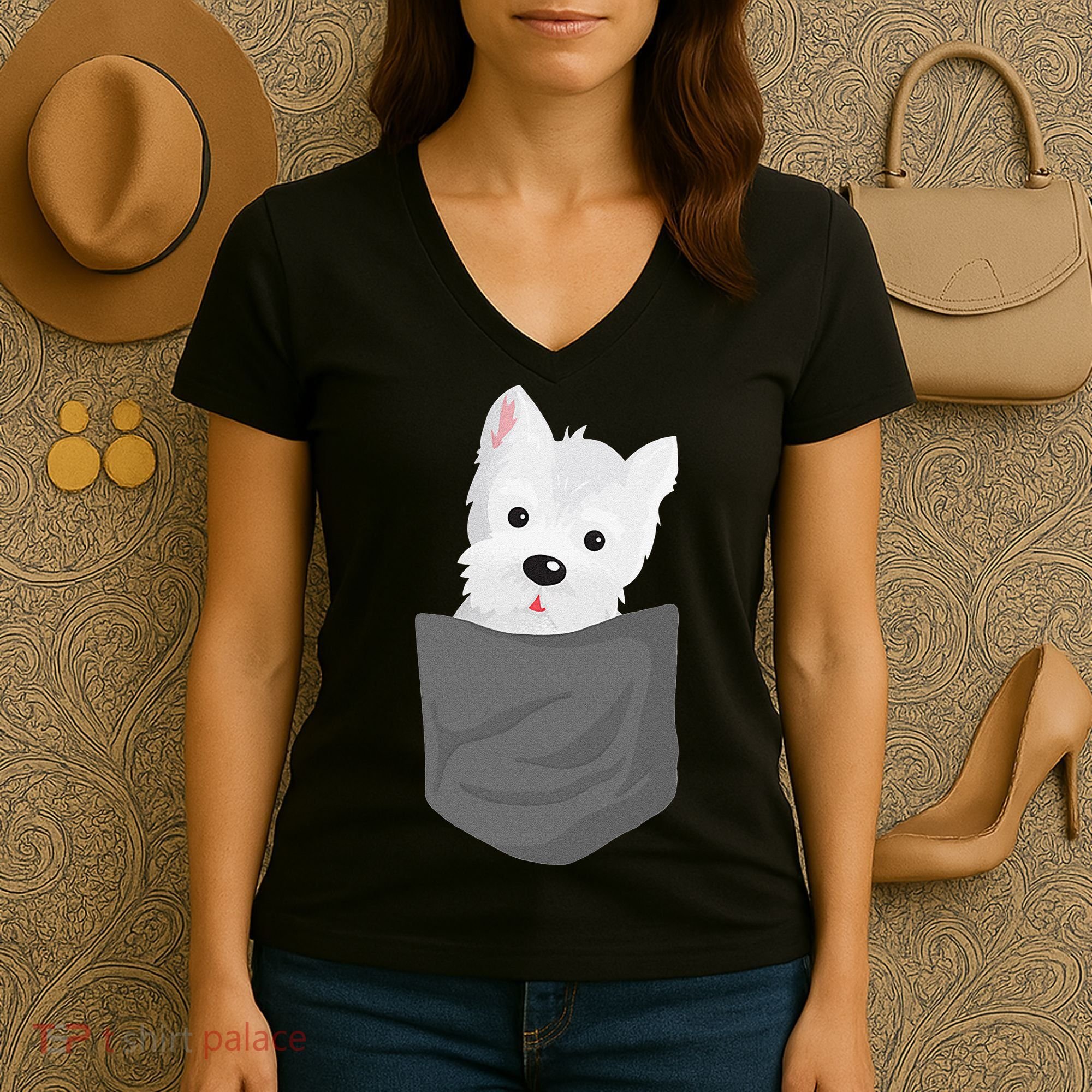 Dog In A Pocket Cute Westie Terrier Lover Puppy Women's V-Neck T-Shirt