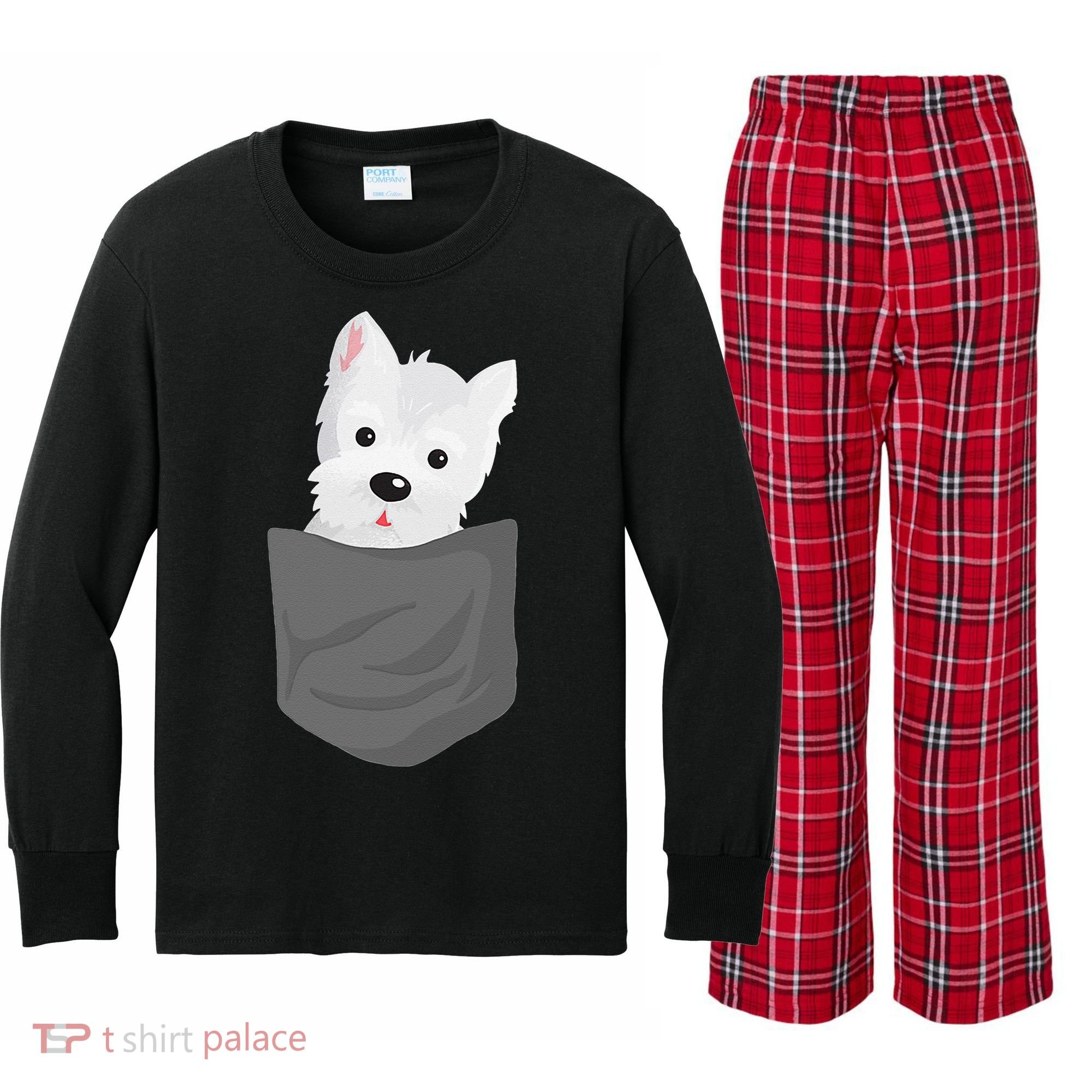 Dog In A Pocket Cute Westie Terrier Lover Puppy Kids Long Sleeve Plaid Pajama Set